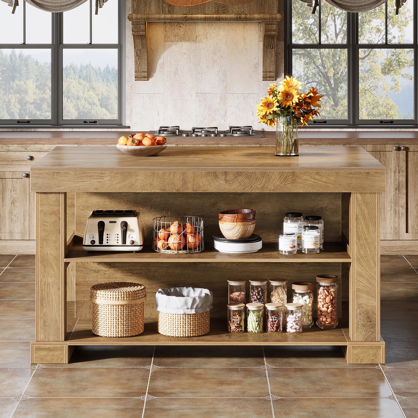 Tribesigns 55" Kitchen Island with Seating and Storage, 3-Tier Farmhouse Wood Stationary Island Table with Large Worktop & Leg Room, Coffee Bar Table with Storage Shelves for Kitchen, White and Brown