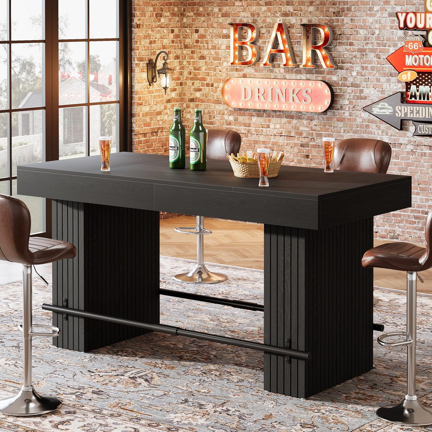 Tribesigns 62.2 Inch Bar Table, Industrial Counter Height Pub Dining Table, Rectangular Home Bar Units with Metal Footrest for Home Kitchen, Dining Room, Bistro, Brown and Dark Grey