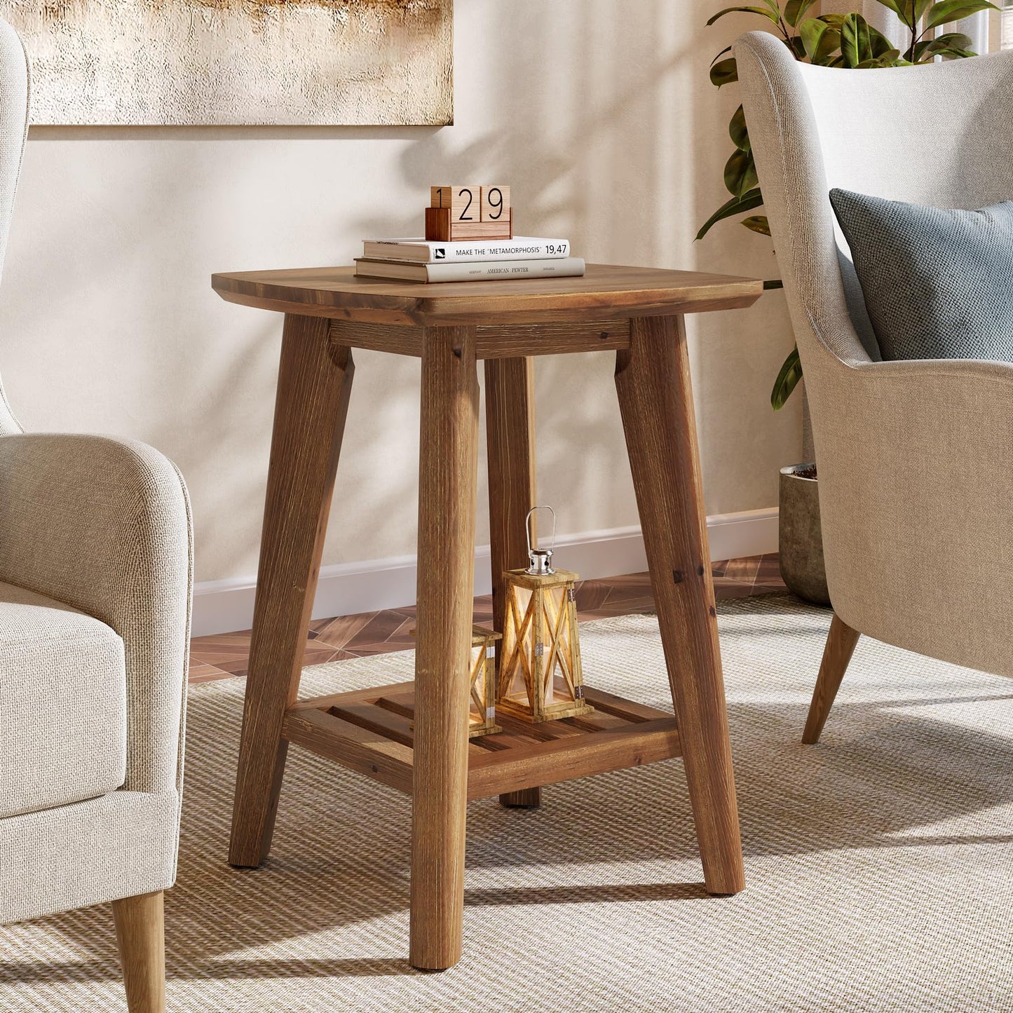 Square Side Table with 2-Tier Storage Shelf & Solid Wood Material, 19.68" Wood End Table for Living Room, Sofa Side, Small Spaces – Easy Assembly, Space-Saving Design (2PCS)
