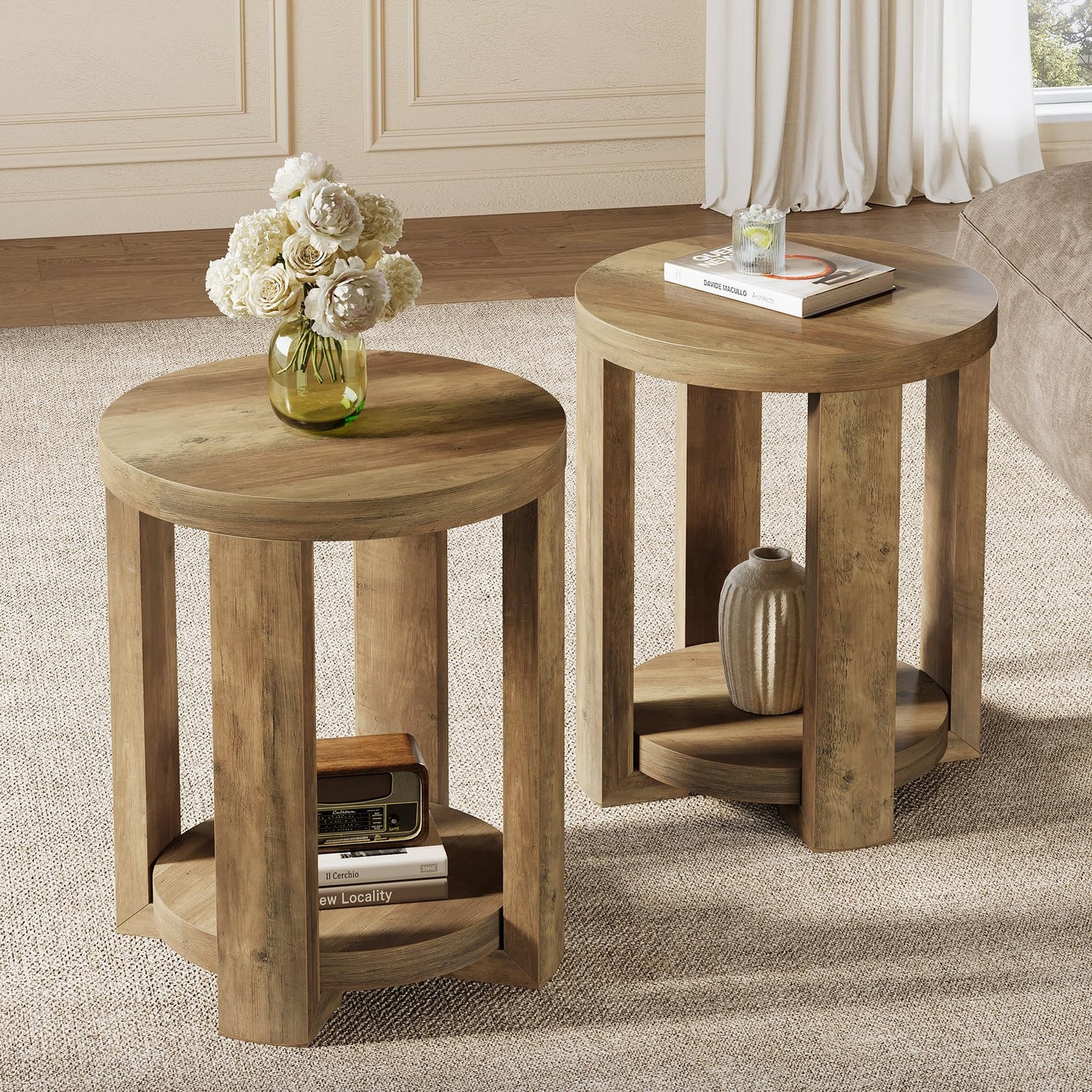 Tribesigns Side Table, 2-Tier Round End Table, Small Bedside Accent Furniture for Living Room, Bedroom (1, Brown)