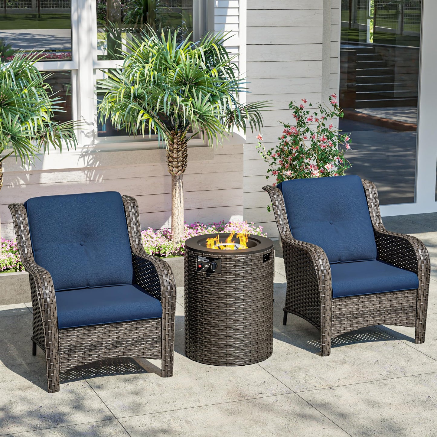 Joyside Patio Furniture Set with Fire Pit Table, 3 Piece Outdoor Wicker Conversation Sets with High Back, Thickened Cushions, Rattan Sectional for Porch, Lawn Use (Red)