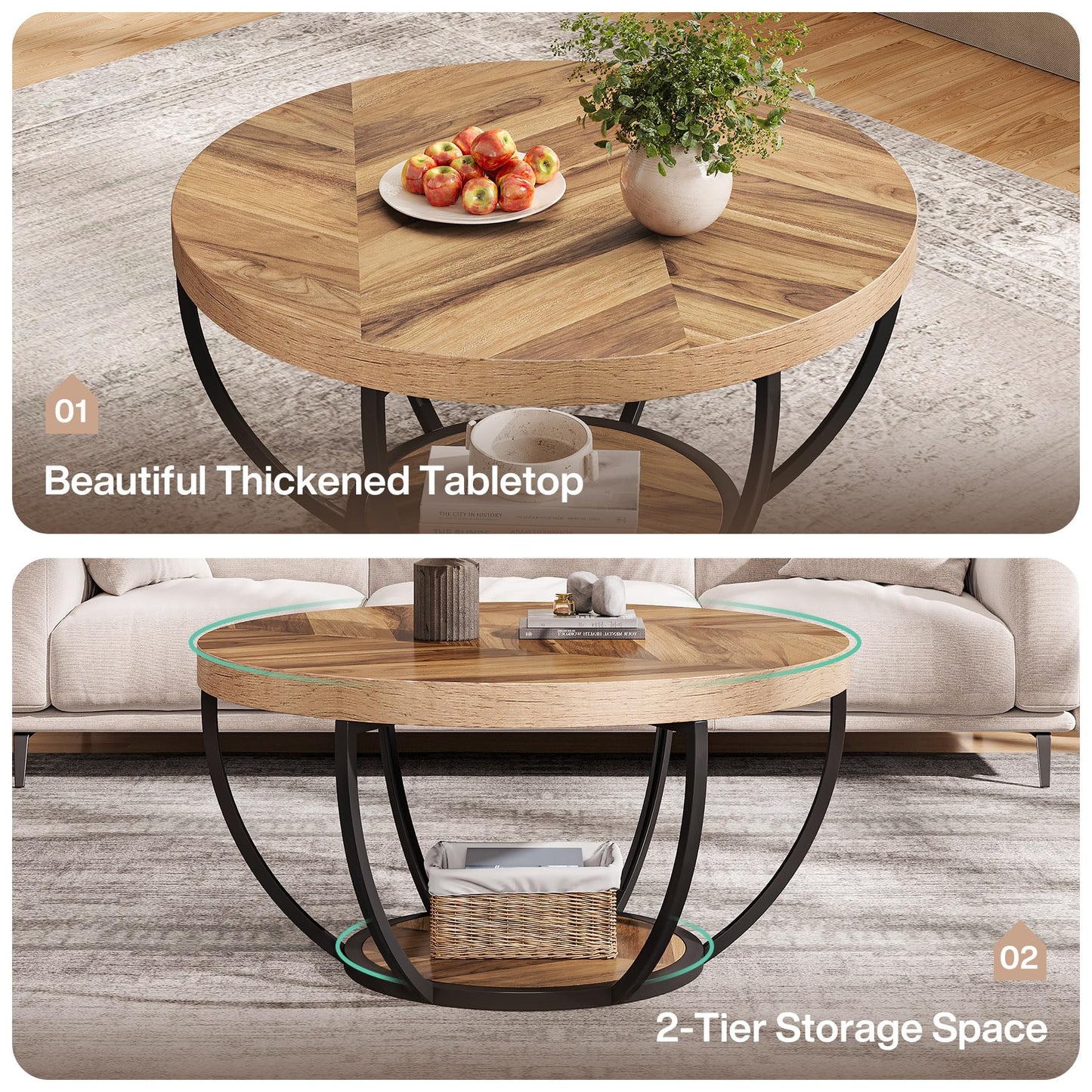 Tribesigns Round Coffee Table, 31.7" Wooden 2-Tier Circle Coffee Table with Storage Shelves, Modern Accent Cocktail Table Center Table for Living Room, Grey