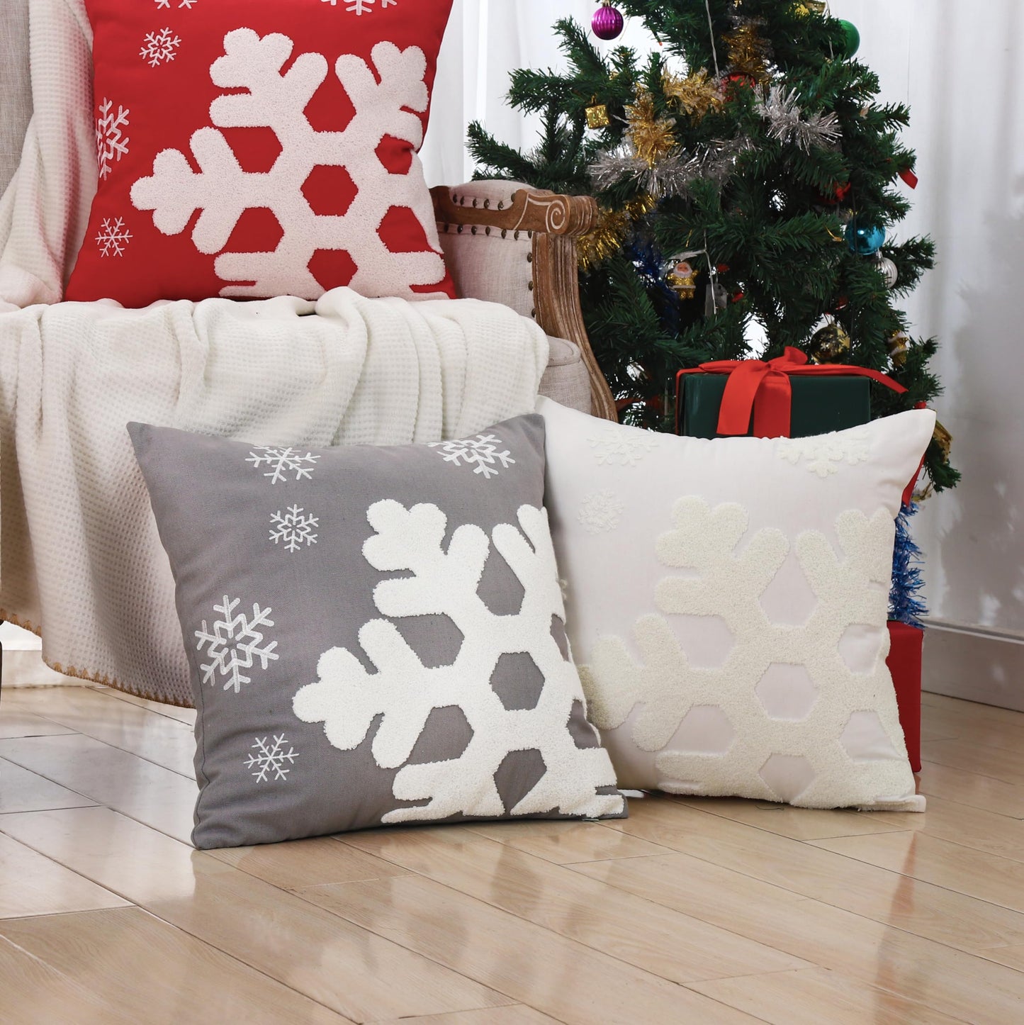 VAKADO Christmas Throw Pillow Covers 18x18 Set of 2 Embroidered Snowflake Decorative Xmas Cushion Cases Holiday Soft Home Decor for Bedroom Sofa Chair Porch Winter, Blue