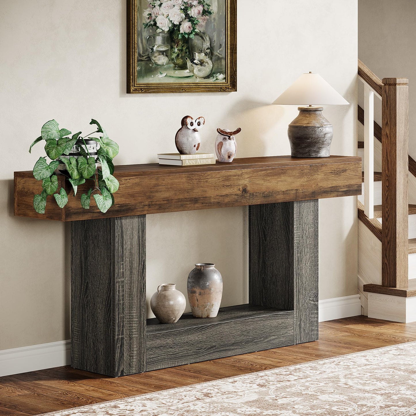 Tribesigns 63" Console Table, Farmhouse 2-Tier Entryway Table with U-Shaped Base, Narrow Long Wood Sofa Table Behind Couch Table for Living Room, Hallway, Foyer, Vintage Brown & Gray | Farmhouse