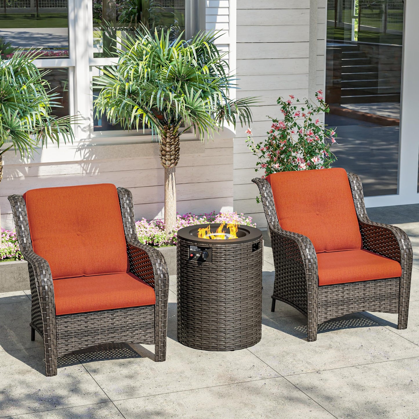 Joyside Patio Furniture Set with Fire Pit Table, 3 Piece Outdoor Wicker Conversation Sets with High Back, Thickened Cushions, Rattan Sectional for Porch, Lawn Use (Red)