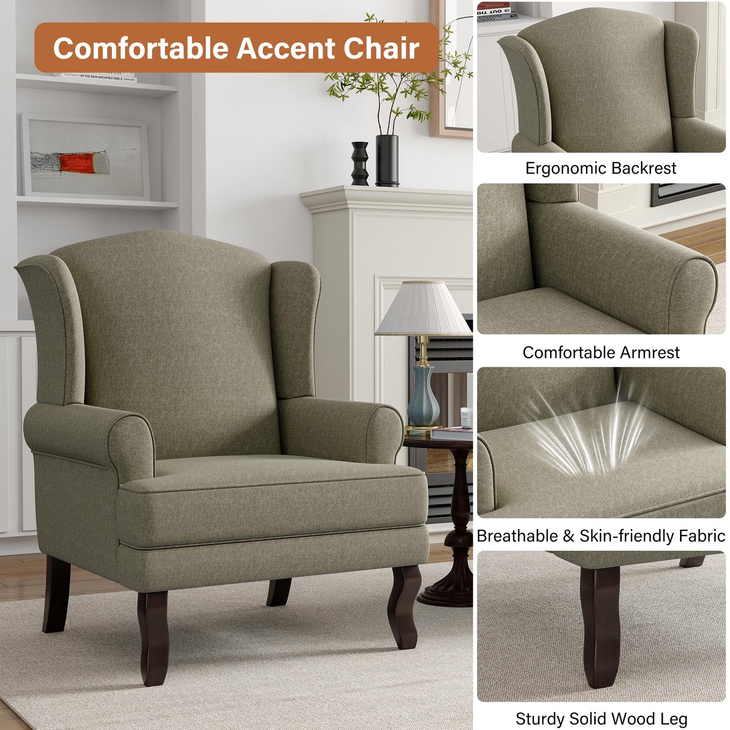 High Back Accent Chair, Comfy Upholstered Fabric Armchair for Living Room, Mid Century Modern Club Accent Chair with Curved Armrests and Solid Legs, Single Sofa Reading Chair for Bedroom, Cranberry