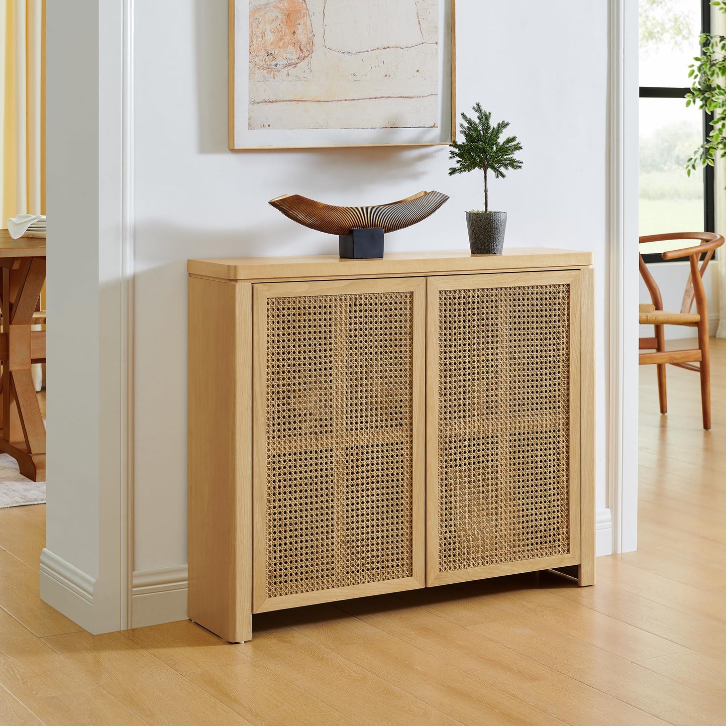 LKTART 63" Rattan Sideboard Buffet Cabinet,Kitchen Storage Cabinet,Wood Coffee Bars with 4 Doors & Open Storage Shelves,Mid Century Modern Credenza Console Table for Living Room,Walnut