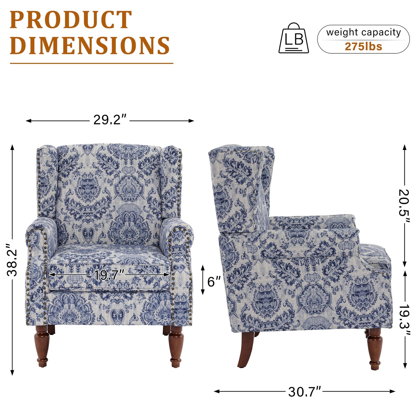 Floral Wingback Accent Chair, High Back Upholstered Armchair, Comfy Fabric Wingback Arms Chairs with Solid Wood Legs, Single Sofa Reading Chair for Bedroom Living Room, Beige