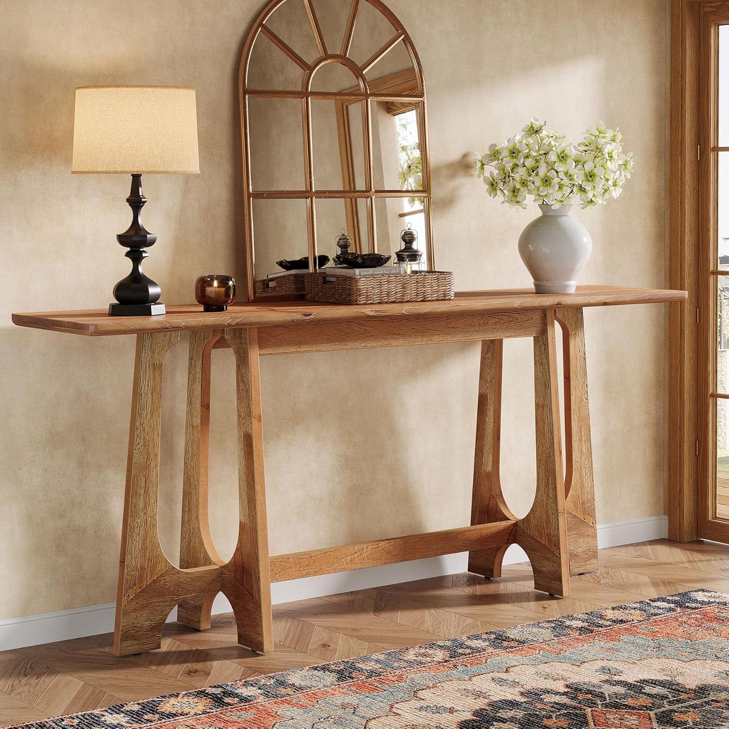 TRIBEWOOD 63-Inch Solid Wood Console Table, Farmhouse Long Sofa Table Behind Couch with Geometric Base for Entryway, Entrance, Living Room, Walnut Brown