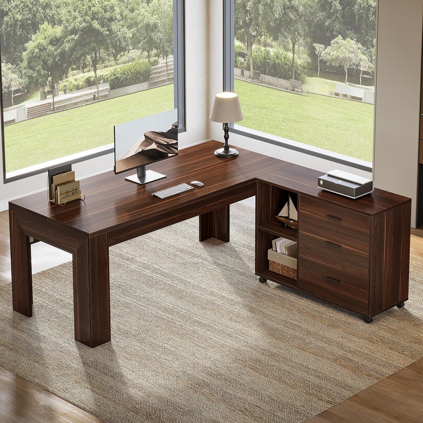 Tribesigns 63" L Shaped Desk with Storage, Executive Office Desk with Rolling File Cabinet Combo, Large Computer Table with Drawers and Shelves, Business Furniture Set for Home Office, Brown
