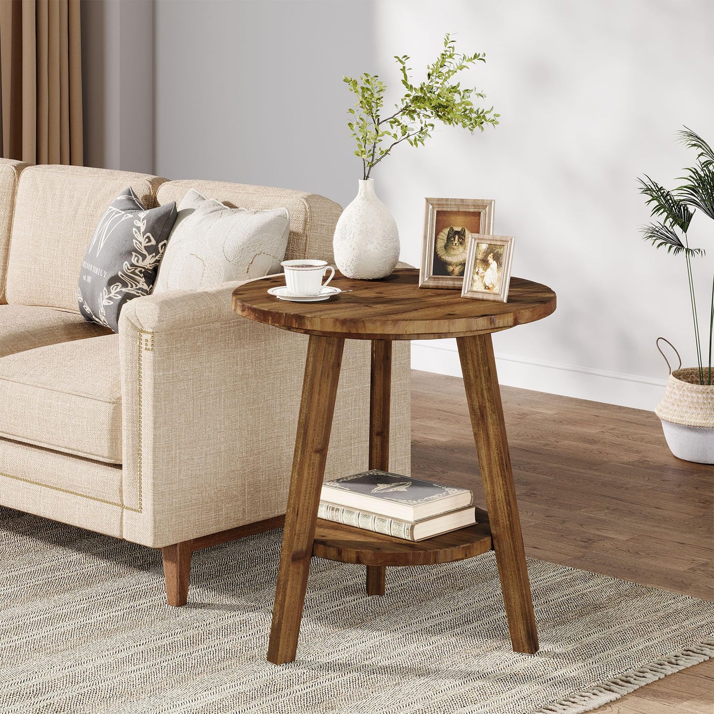 Solid Wood Round End Table, Sofa Side Table with Storage Shelf, Farmhouse Nightstand for Living Room, Bedroom, Easy Assembly (Dark Brown, 1 PC)