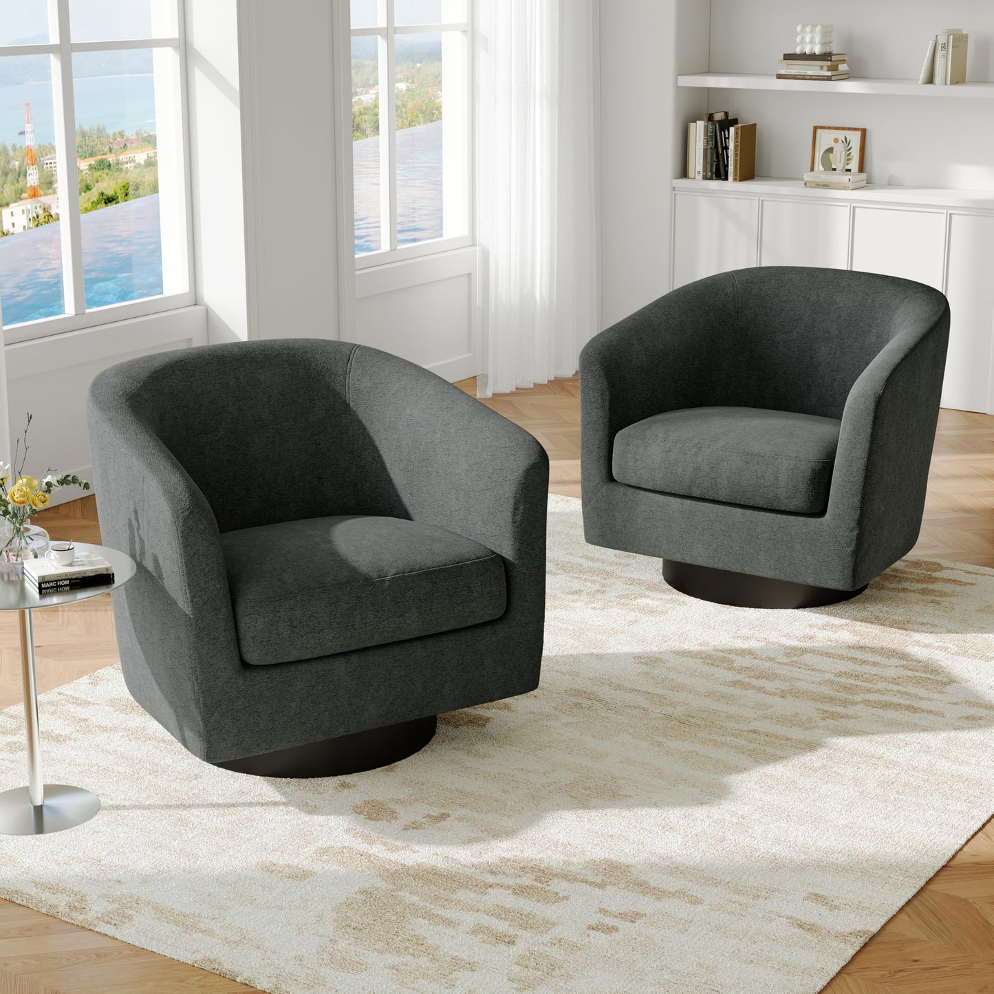 Swivel Barrel Accent Chairs Set of 2, Modern 360° Swivel Round Barrel Chair with Curve Back, Upholstered Velvet Fabric Armchair Single Sofa Club Chair for Living Room, Bedroom, Coffee
