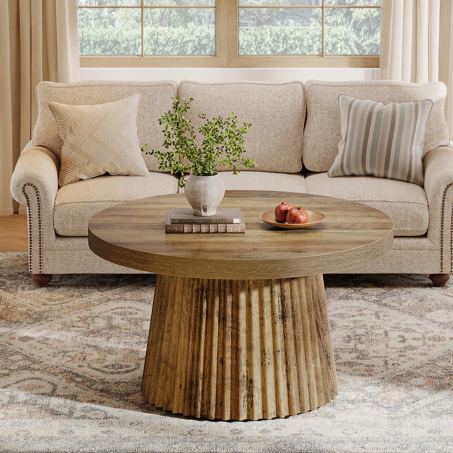 Tribesigns Coffee Table, 31.5" Small Farmhouse Round Coffee Tables with Fluted Drum Base, Mid Century Modern Boho Accent Center Table for Living Room, Apartment, Small Space, Brown