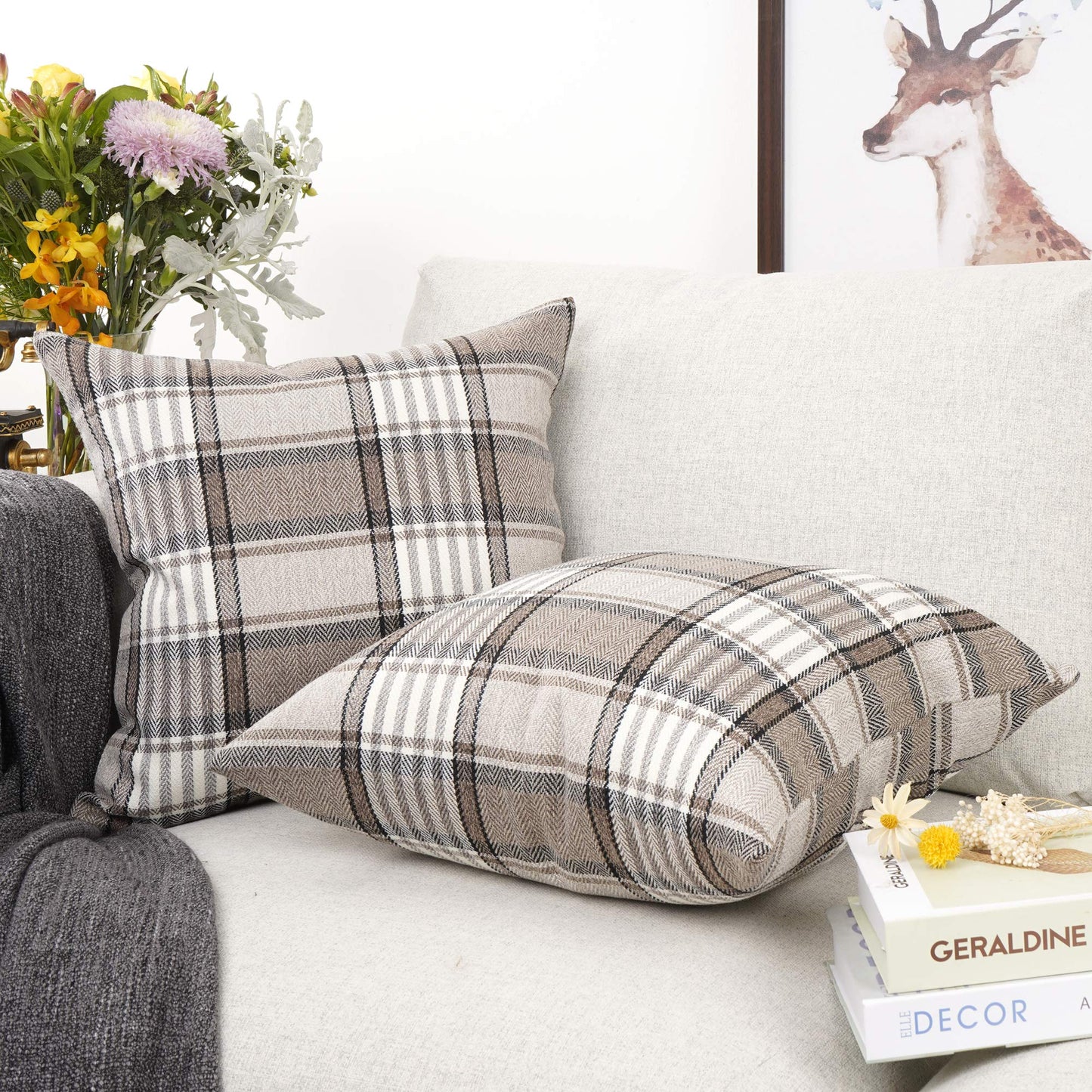 YOUR SMILE Retro Farmhouse Outdoor Buffalo Tartan Chequer Plaid Cotton Linen Decorative Throw Pillow Case Cushion Cover Pillowcase for Sofa 18 x 18 Inch, Set of 2, Khaki/Stripe
