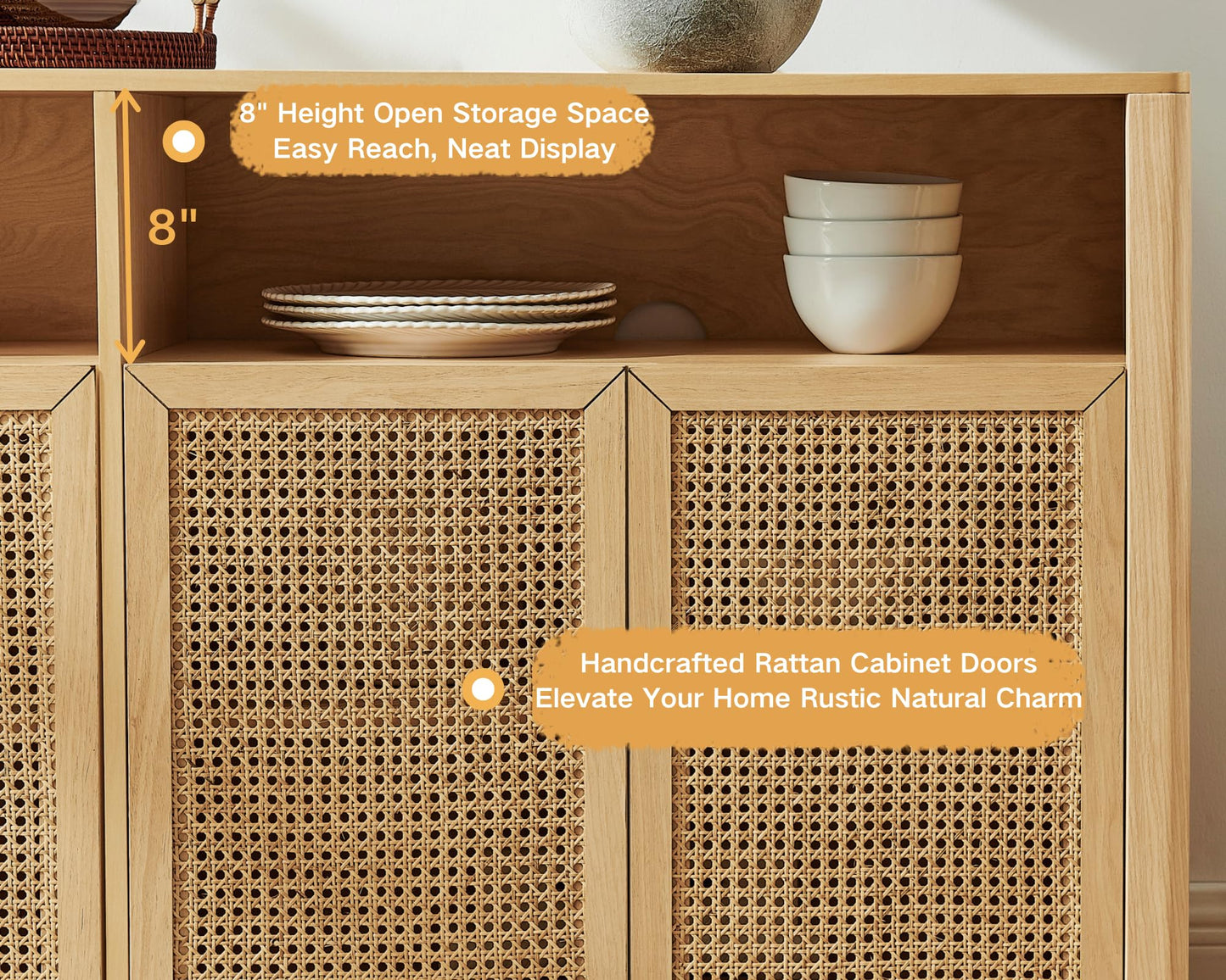LKTART 63" Rattan Sideboard Buffet Cabinet,Kitchen Storage Cabinet,Wood Coffee Bars with 4 Doors & Open Storage Shelves,Mid Century Modern Credenza Console Table for Living Room,Walnut