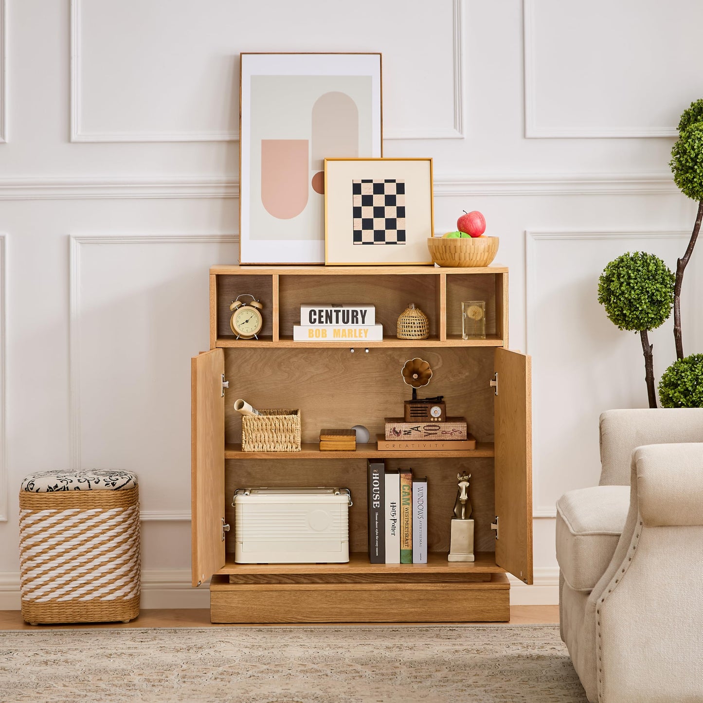 LKTART 63" Rattan Sideboard Buffet Cabinet,Kitchen Storage Cabinet,Wood Coffee Bars with 4 Doors & Open Storage Shelves,Mid Century Modern Credenza Console Table for Living Room,Walnut