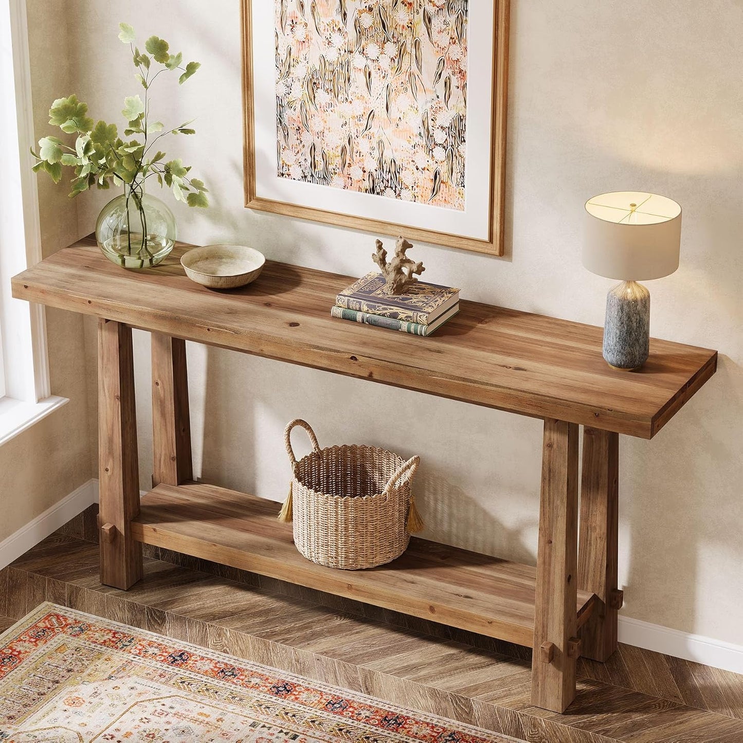63" Solid Console Table, Farmhouse 2-Tier Wood Entryway Sofa Table for Living Room, Hallway, Easy Assembly, Natural Rustic Brown