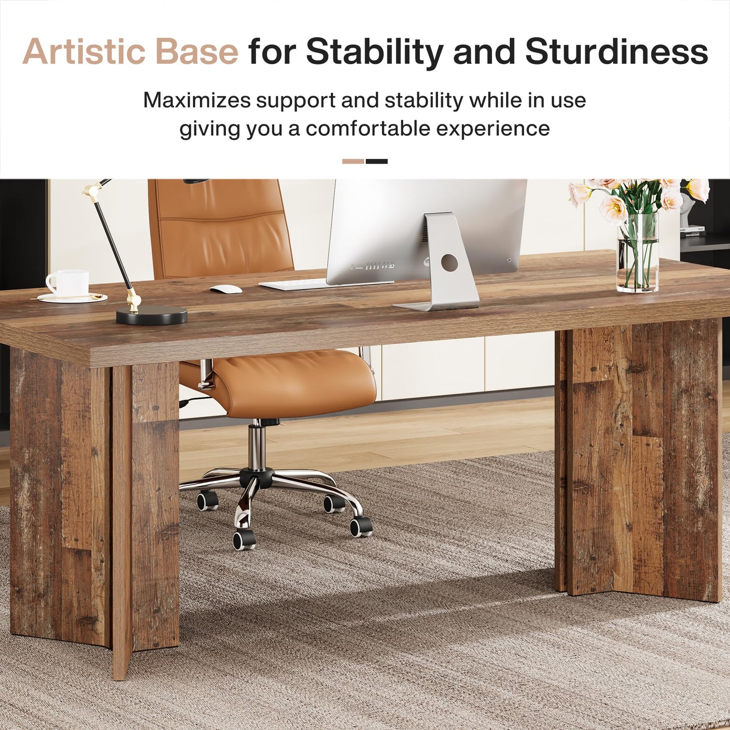 Tribesigns 63-inch Executive Desk, Vintage Home Office Computer Desk with Large Tabletop, Farmhouse Wood Writing Conference Table Workstation for Office, Study, Walnut Brown