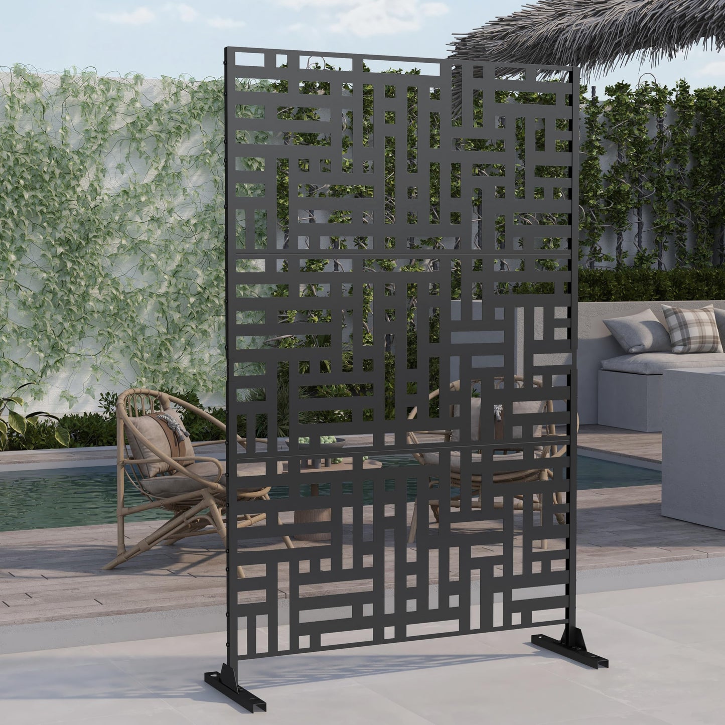 Outdoor Metal Privacy Screen with Stand, 72" H x 47" W Freestanding Outdoor Patio Divider, Decorative Patio Privacy Fence Panel for Garden Backyard Balcony Porch (Brown-Crossbanding)