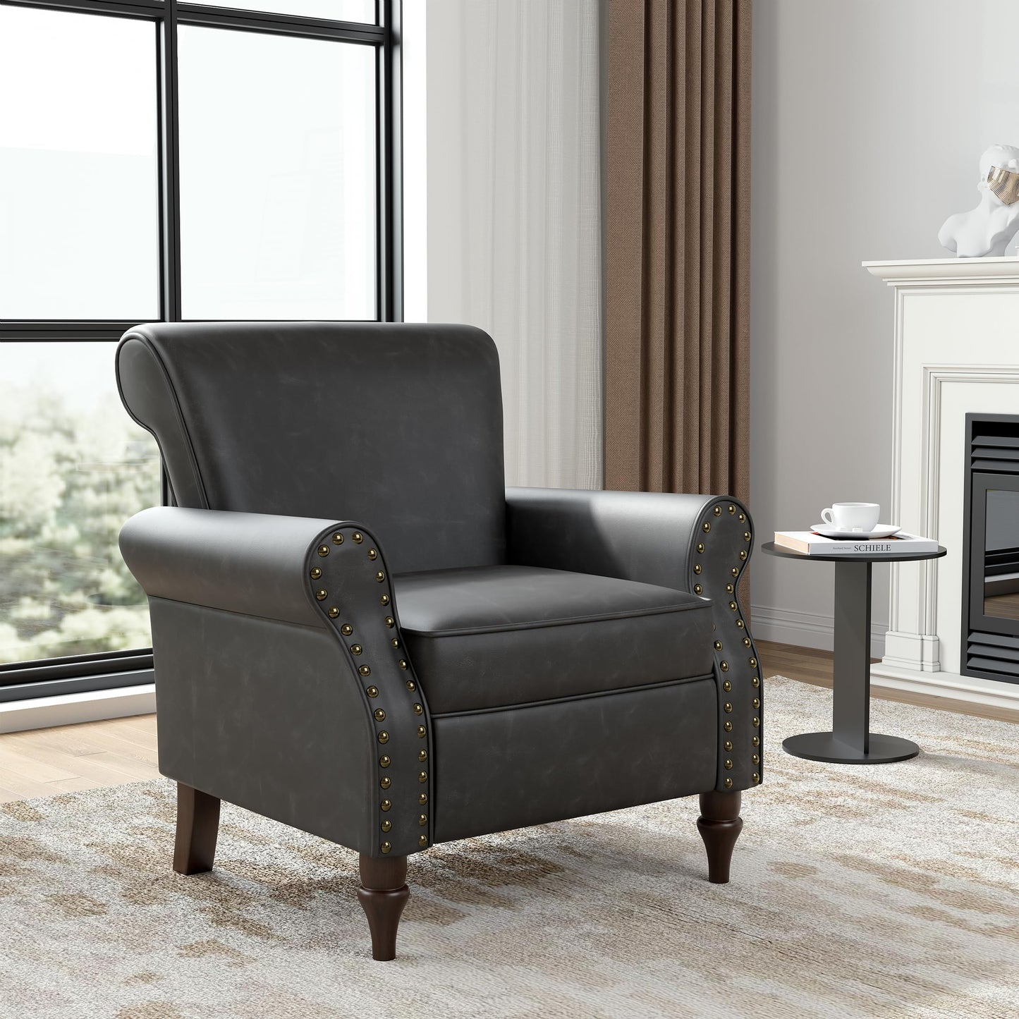 Wingback Accent Chairs Set of 2, Mid-Century Modern Upholstered Armchair Living Room Chair with Nailhead Trim & Rolled Armrest, Comfy Lounge Chair Single Sofa Chair for Bedroom, Light Blue