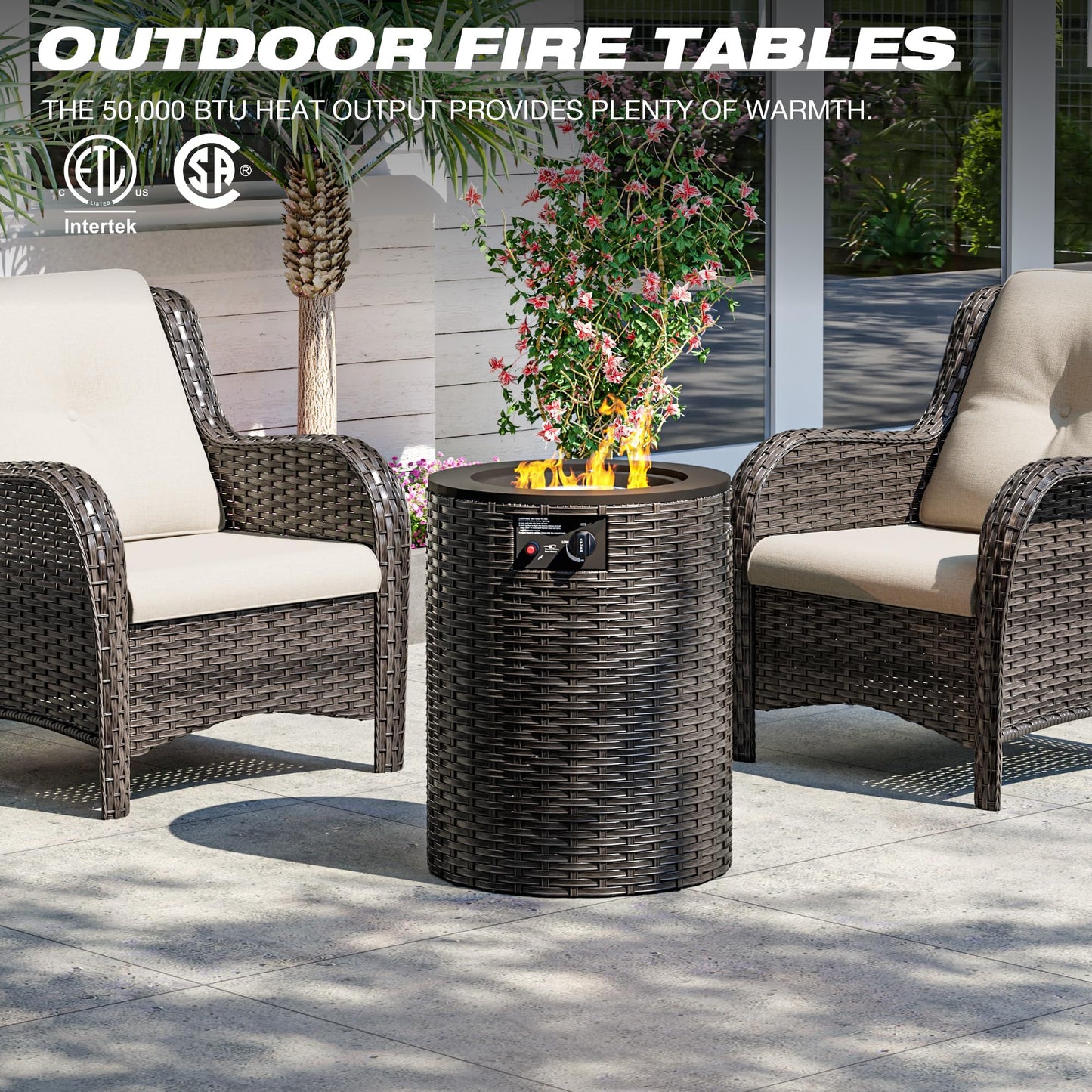 Joyside Patio Furniture Set with Fire Pit Table, 3 Piece Outdoor Wicker Conversation Sets with High Back, Thickened Cushions, Rattan Sectional for Porch, Lawn Use (Red)