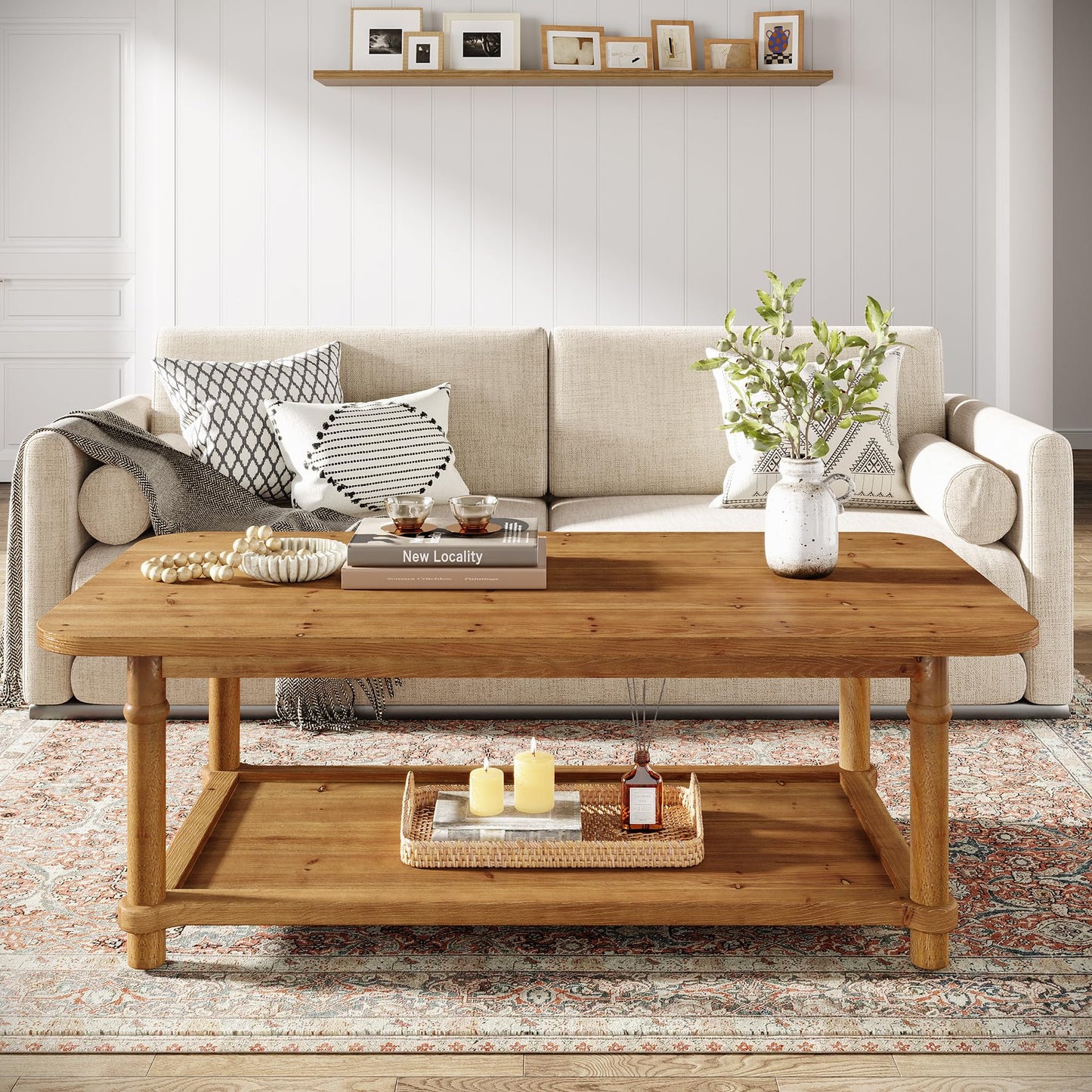 47" Rectangle Coffee Table, Solid Wood Center Table with 2-Tier Storage, Modern Farmhouse Coffee Furniture for Living Room, Home & Family Room, Light Brown