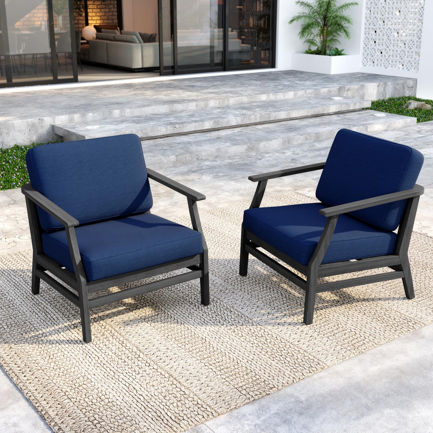 Outdoor Patio Armchairs, 2 Pieces Solid Wood Patio Furniture Sets with Washable Thick Cushions, All-Weather Outdoor Sofa Chairs for Backyard, Garden, Poolside, Natural Frame & Dark Gray Cushion