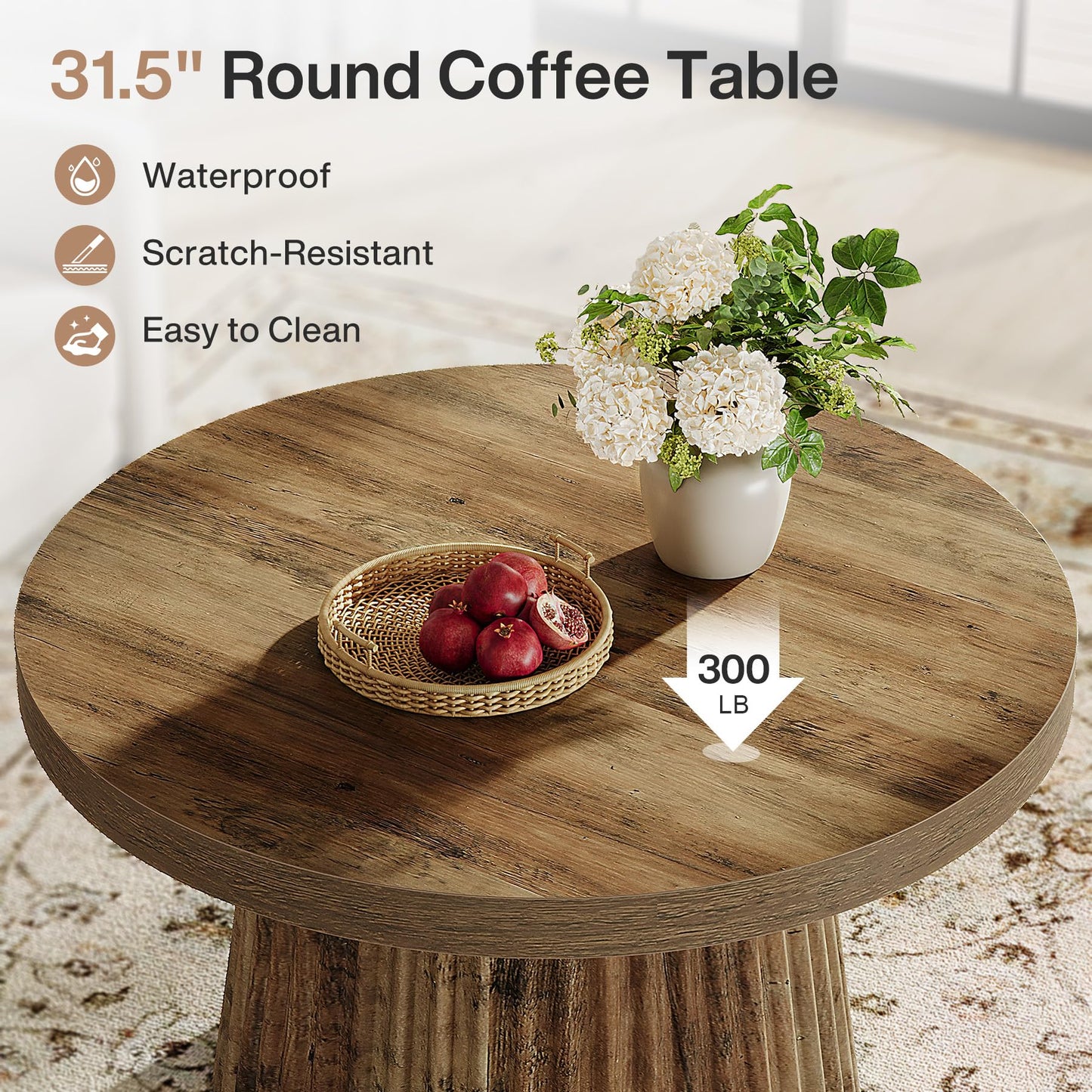 Tribesigns Coffee Table, 31.5" Small Farmhouse Round Coffee Tables with Fluted Drum Base, Mid Century Modern Boho Accent Center Table for Living Room, Apartment, Small Space, Brown