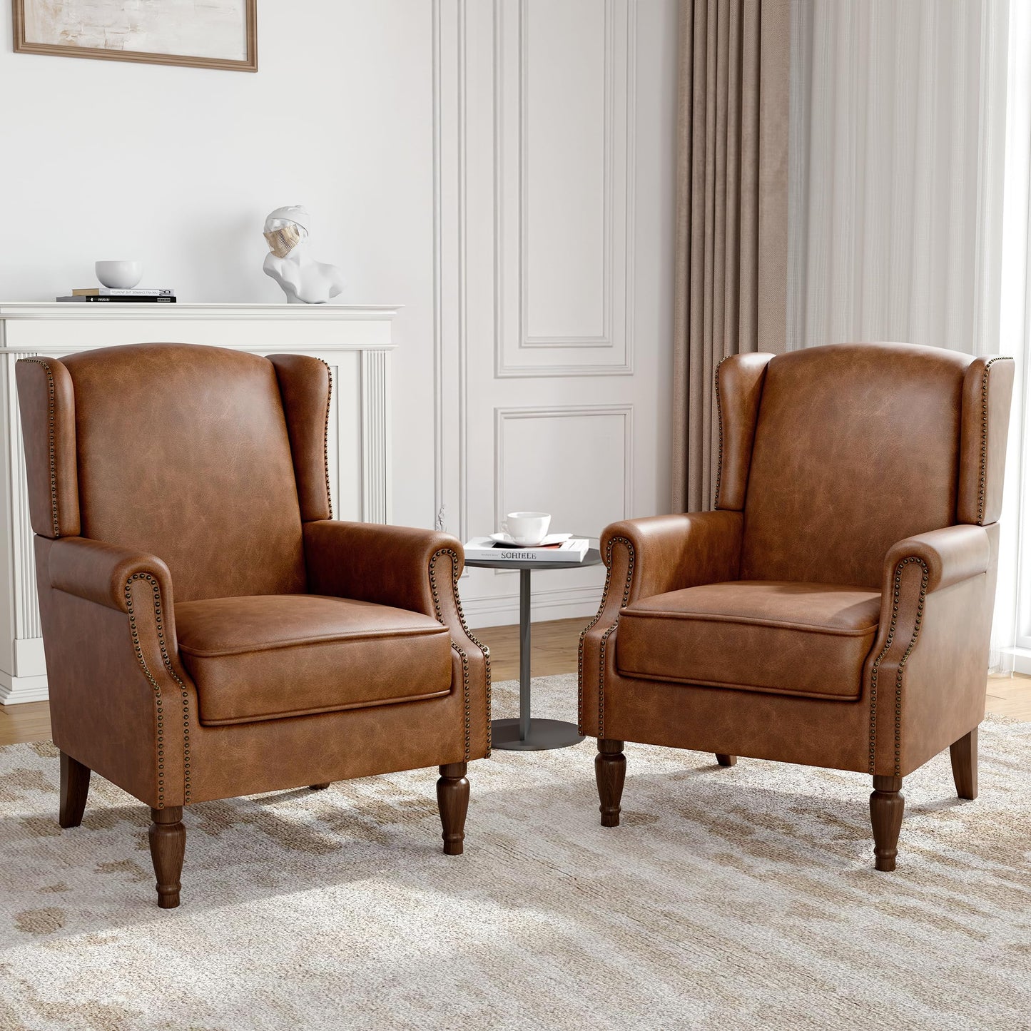 Floral Wingback Accent Chair, High Back Upholstered Armchair, Comfy Fabric Wingback Arms Chairs with Solid Wood Legs, Single Sofa Reading Chair for Bedroom Living Room, Beige