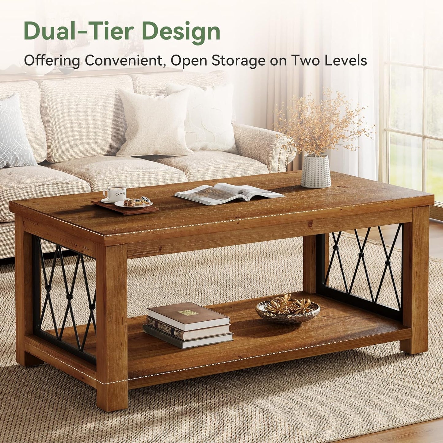 47.2" Solid Wood Coffee Table, 2-Tier Storage Design, Farmhouse Rectangular Center Cocktail Table, Rhomboid Metal Frame, for Living Room, Office, Balcony, Easy Assembly