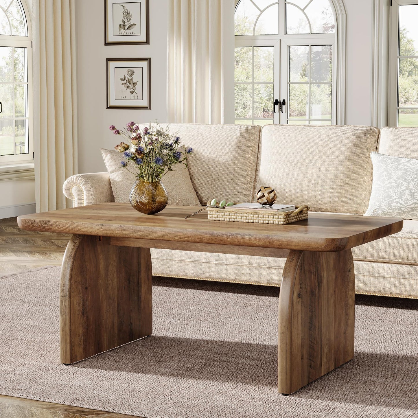 Tribesigns Rectangle Coffee Table, 47-Inch Wood Rectangular Living Room Table, Farmhouse Accent Center Low Cocktail Tea Table with Sturdy Base & Rounded Corners, Easy Assembly (Natural Brown)