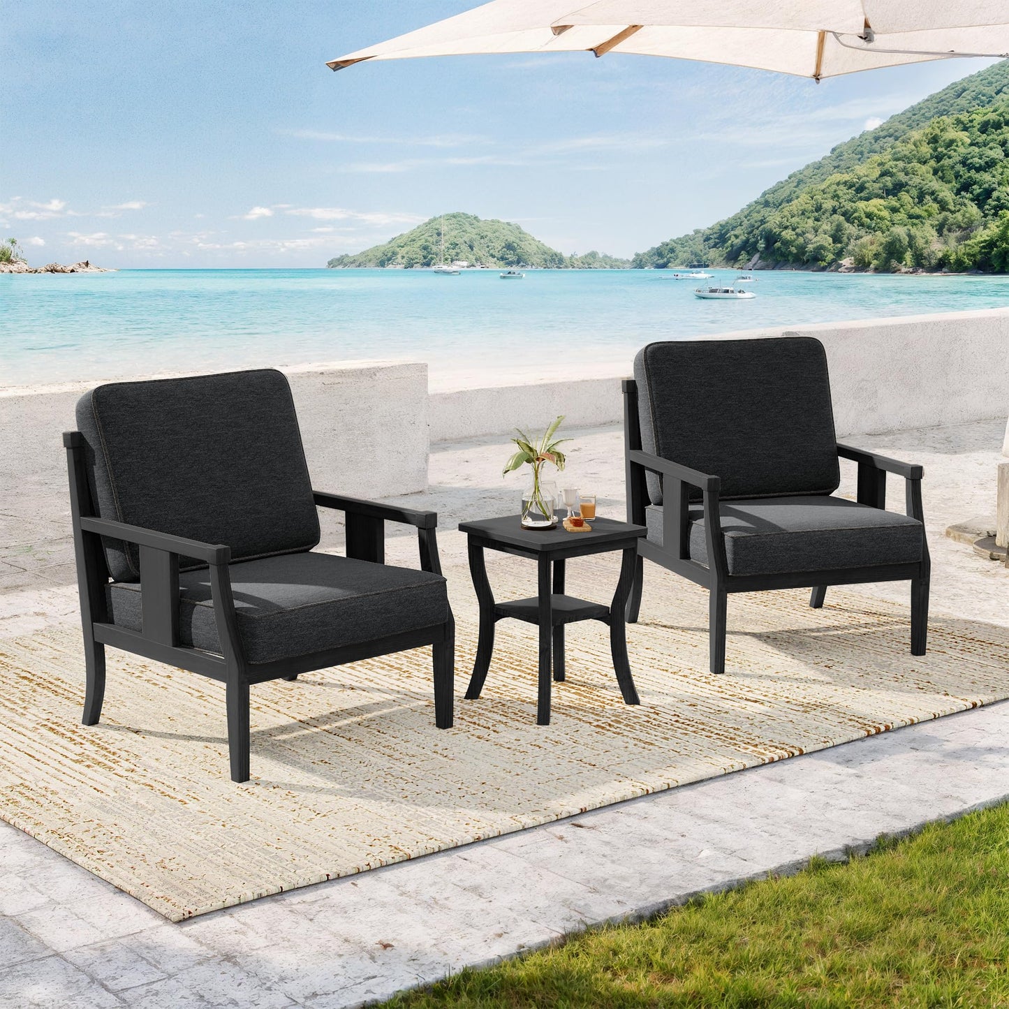Outdoor Patio Armchairs Set of 2, All-Weather Solid Wood Patio Furniture Sets, Outdoor Sofa Chairs with Washable Thick Cushions for Porch, Balcony, Deck, Black Frame & Gray Cushion