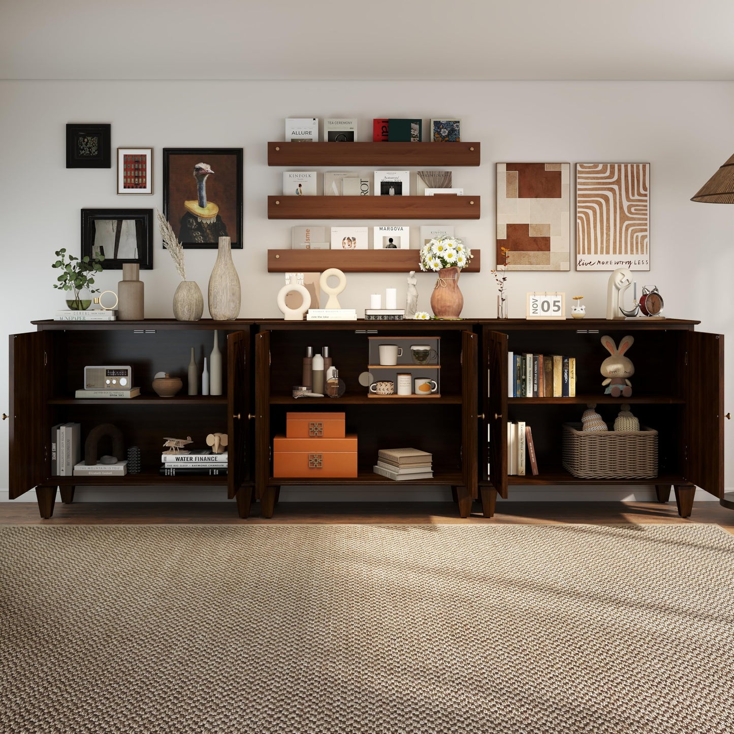 LKTART 65" Mid Century Sideboard Buffet Cabinet with Solid Wood Legs,Accent Storage Cabinet Credenza with 4 Doors for Living Room,Entryway,Kitchen(Walnut)