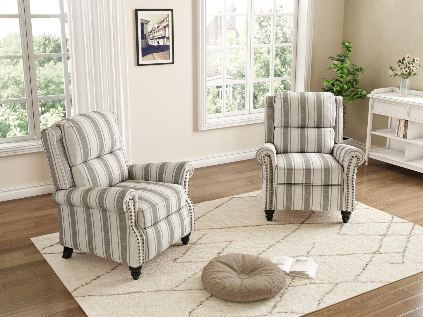 Pushback Recliner Chairs Set of 2, Comfy Fabric Wingback Recliner Chair, Upholstered Armchair Push Back Recliner with Wood Legs, Rivet Trim Accent Chair for Living Room, Bedroom, Blue Stripe