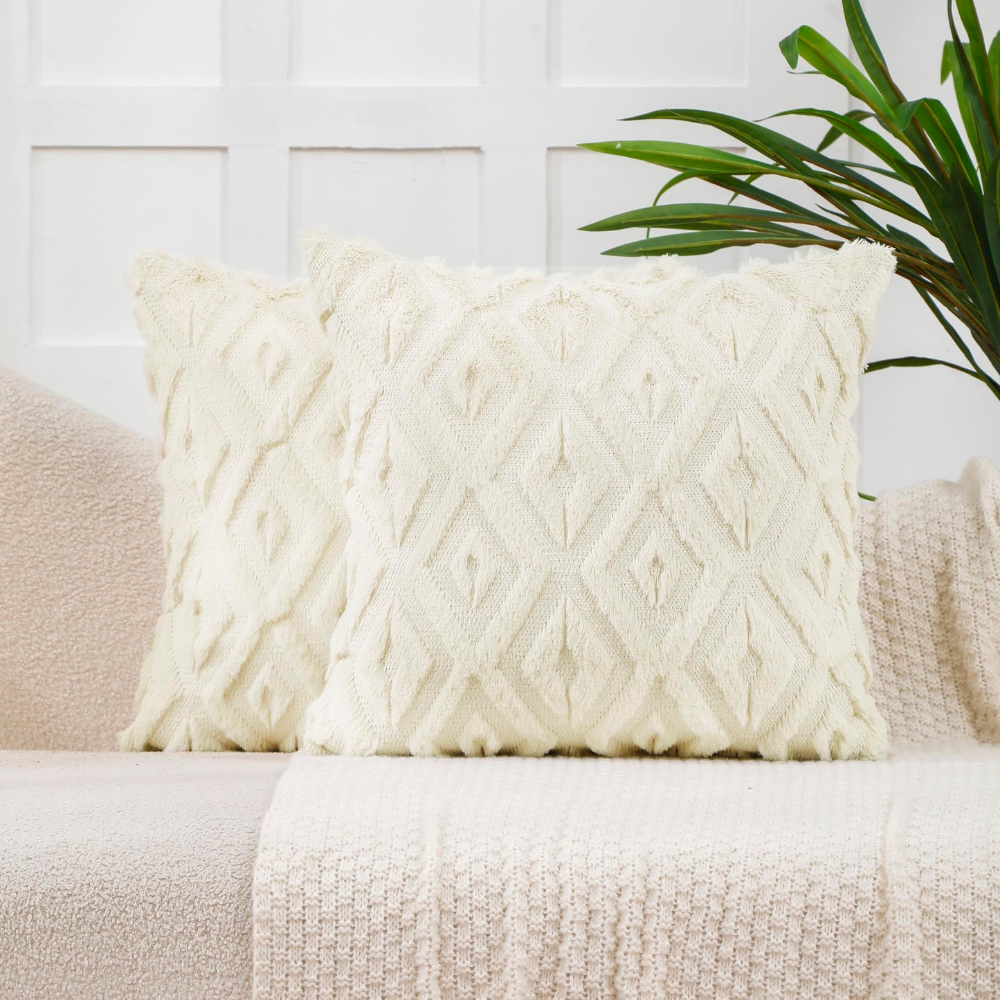 VAKADO Spring Decorative Throw Pillow Covers 18x18 Couch Set of 2 Boho Farmhouse Velvet Soft Plush Pillow Covers for Bed Sofa Home Living Room Beige