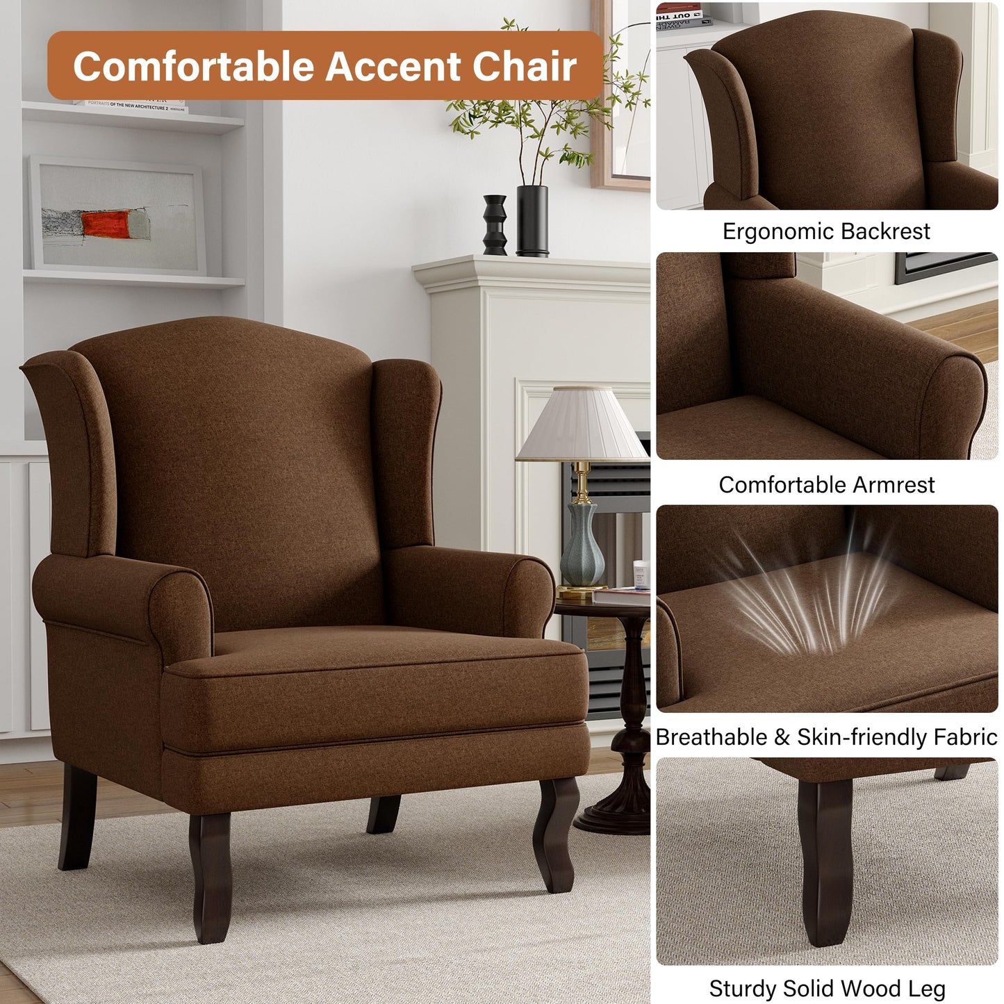 High Back Accent Chair, Comfy Upholstered Fabric Armchair for Living Room, Mid Century Modern Club Accent Chair with Curved Armrests and Solid Legs, Single Sofa Reading Chair for Bedroom, Cranberry