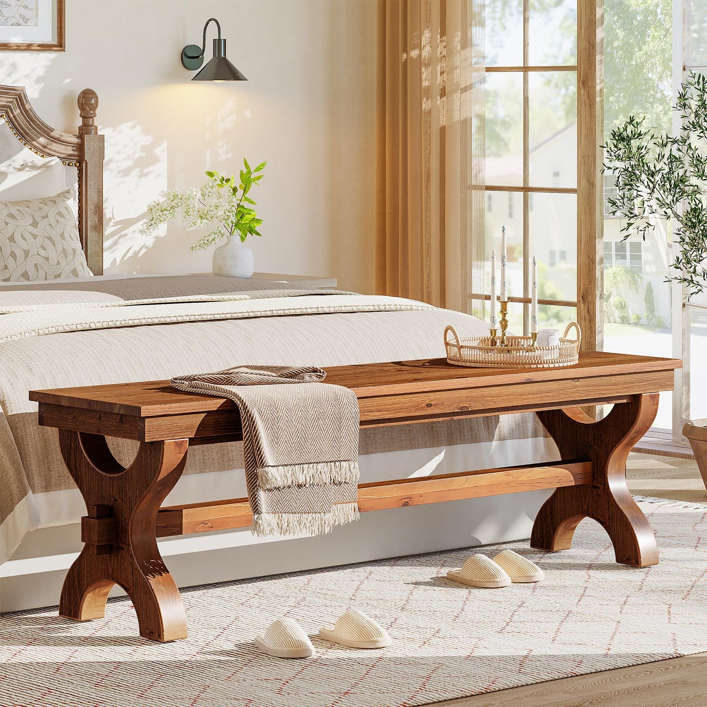 Solid Wood Entryway Bench, 55-Inch Farmhouse Indoor Bench, Narrow Hallway Seat for Living Room, Bedroom (1, Brown)