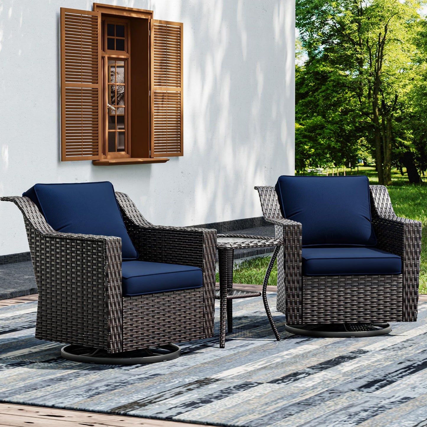 Joyside Patio Sofa - 3 Seater Rattan Sofa, All Weather High Back Sofa, Upgraded Large Size with 4inch Seat Cushions for Backyard, Garden, Poolside (Brown/Blue)