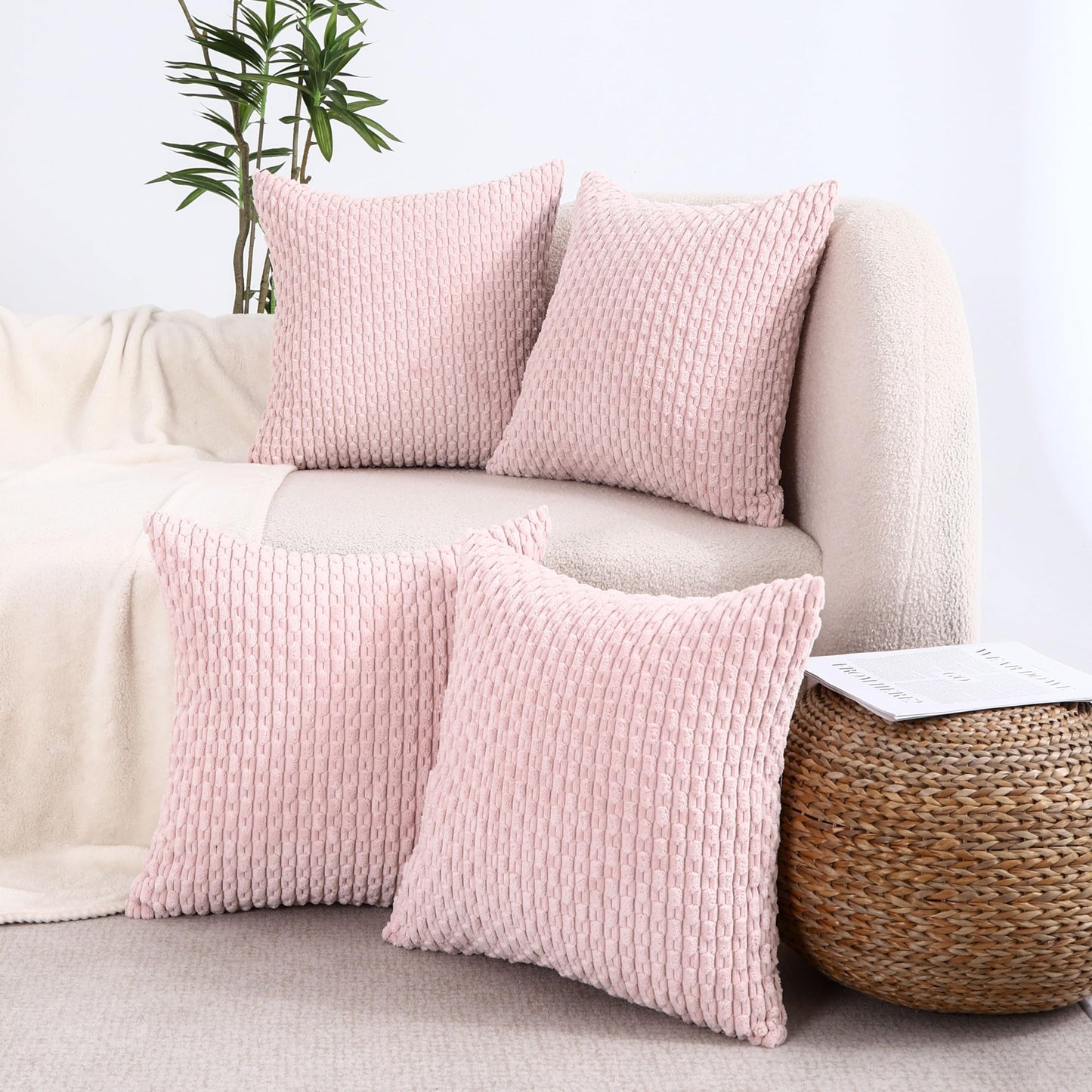 VAKADO Couch Throw Pillow Covers 16x16 Set of 4 Decorative Neutral Corduroy Boho Rustic Farmhouse Cushion Case Square for Home Decor Sofa Living Room Bed