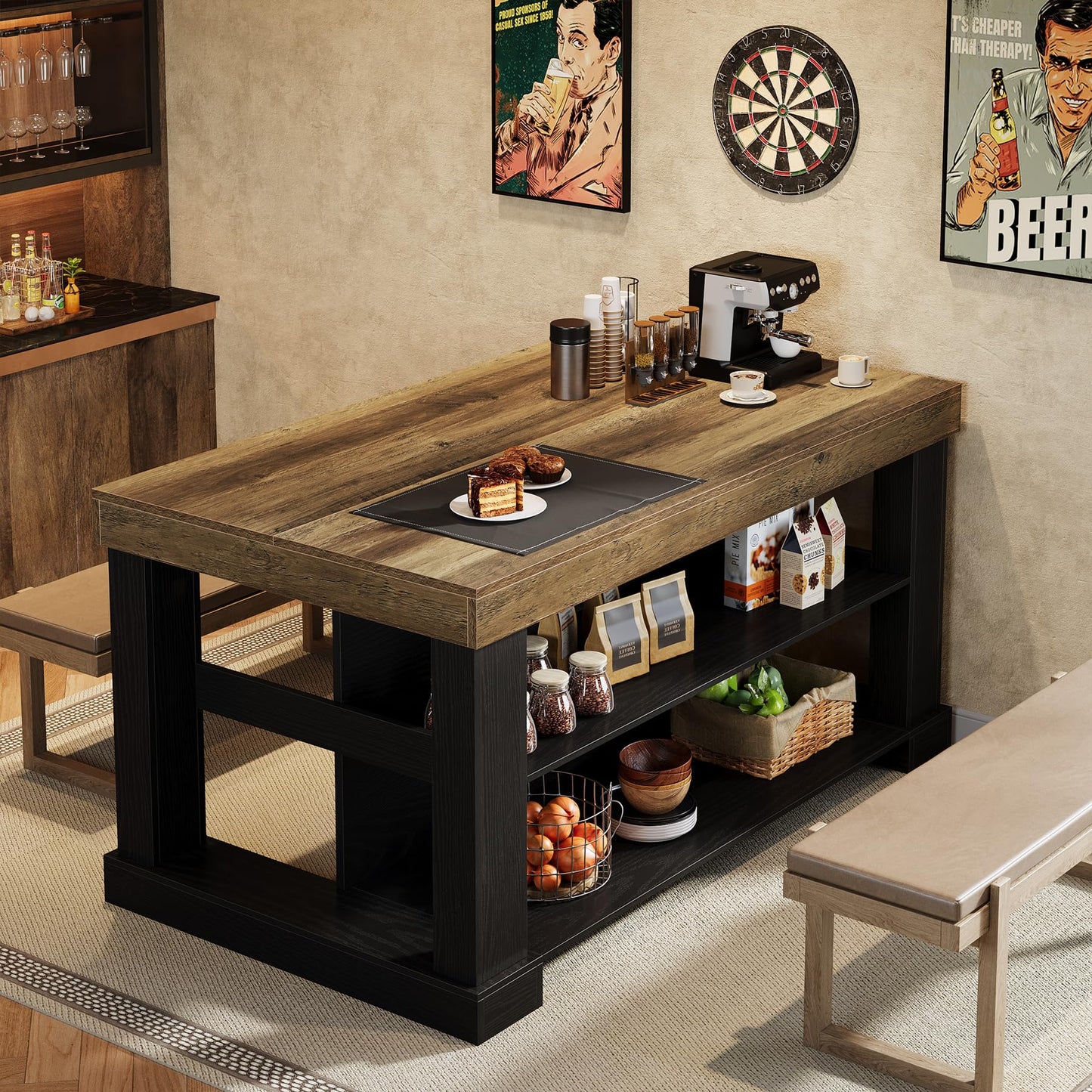 Tribesigns 55" Kitchen Island with Seating and Storage, 3-Tier Farmhouse Wood Stationary Island Table with Large Worktop & Leg Room, Coffee Bar Table with Storage Shelves for Kitchen, White and Brown
