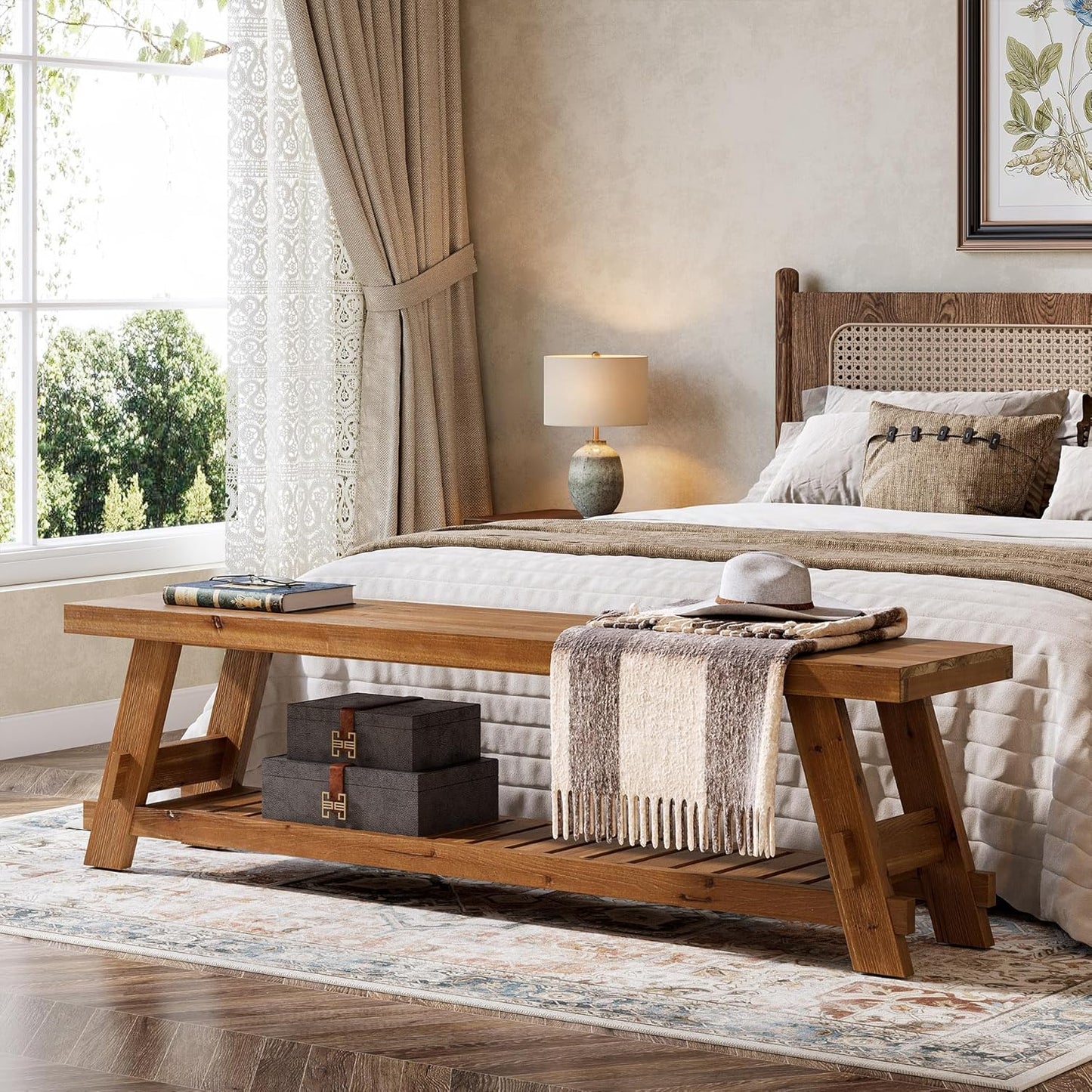 63" Solid Wood Bench, 2-Tier Shoe Rack, Farmhouse Entryway Bench with Shoe Storage, Kitchen Dining Bench, Narrow Shoe Storage Bench for Entryway, Bedroom, Mudroom, Living Room, Rustic Brown
