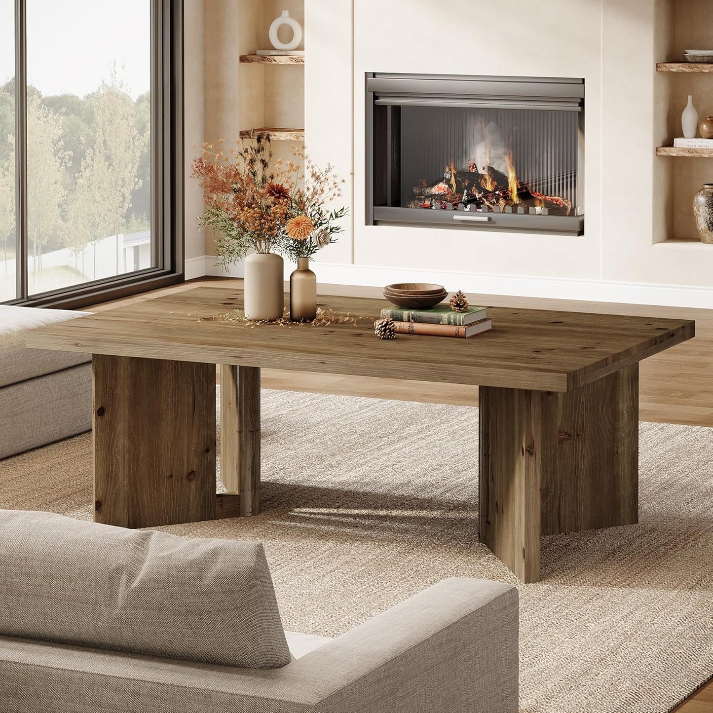 Wood Coffee Table, 47-Inch Farmhouse Rectangle Center Table with Triangle Legs, Rustic Long Tea Table for Living Room, Brown