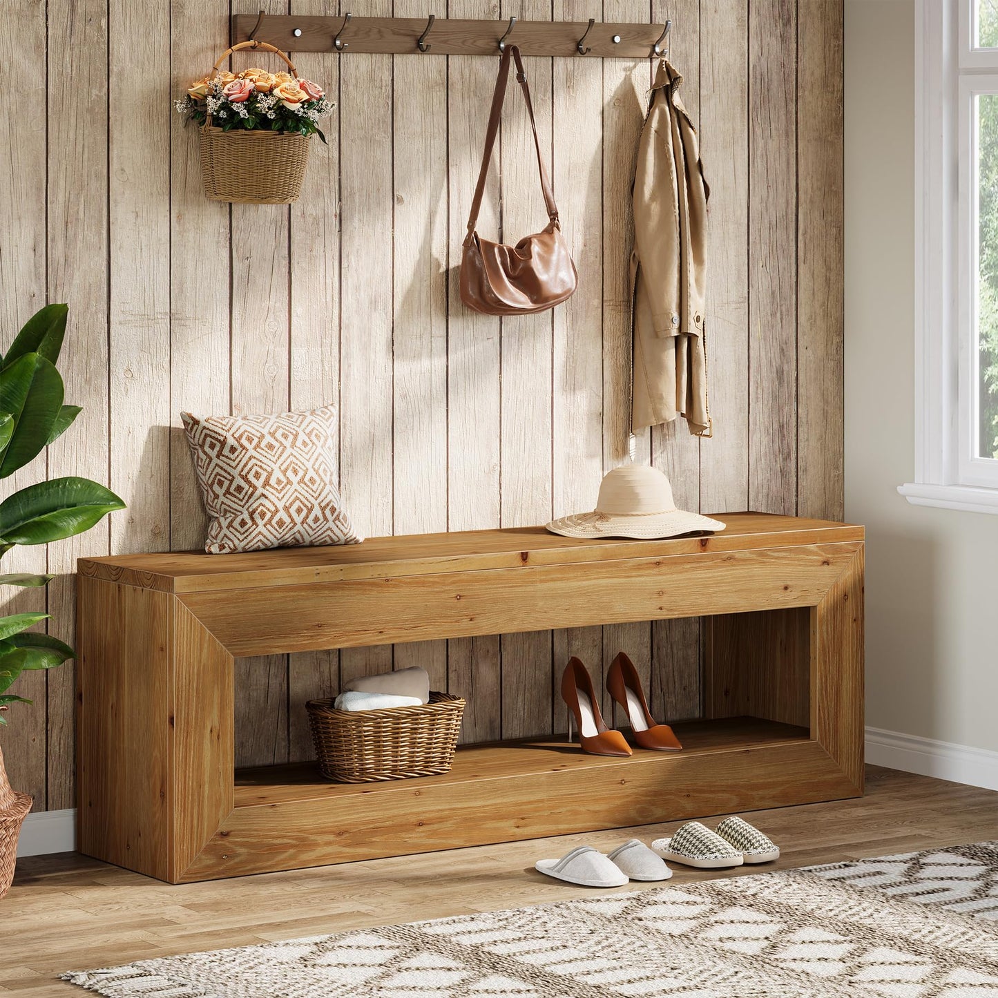 Solid Wood Entryway Bench, 47" Rustic Farmhouse Indoor Bench Seat with Storage Shelf for Entrance, Hallway, End of Bed