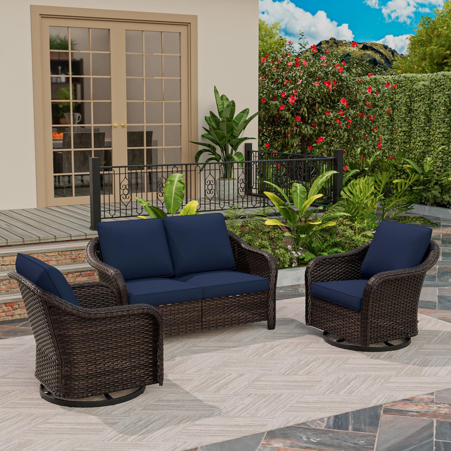 55 inch Outdoor Wicker 2 Seater Sofa, All-Weather Use Patio Rattan Loveseat with Seat and Back Cushion, Ideal for Porch, Backyard, Balcony, Poolside, Blue