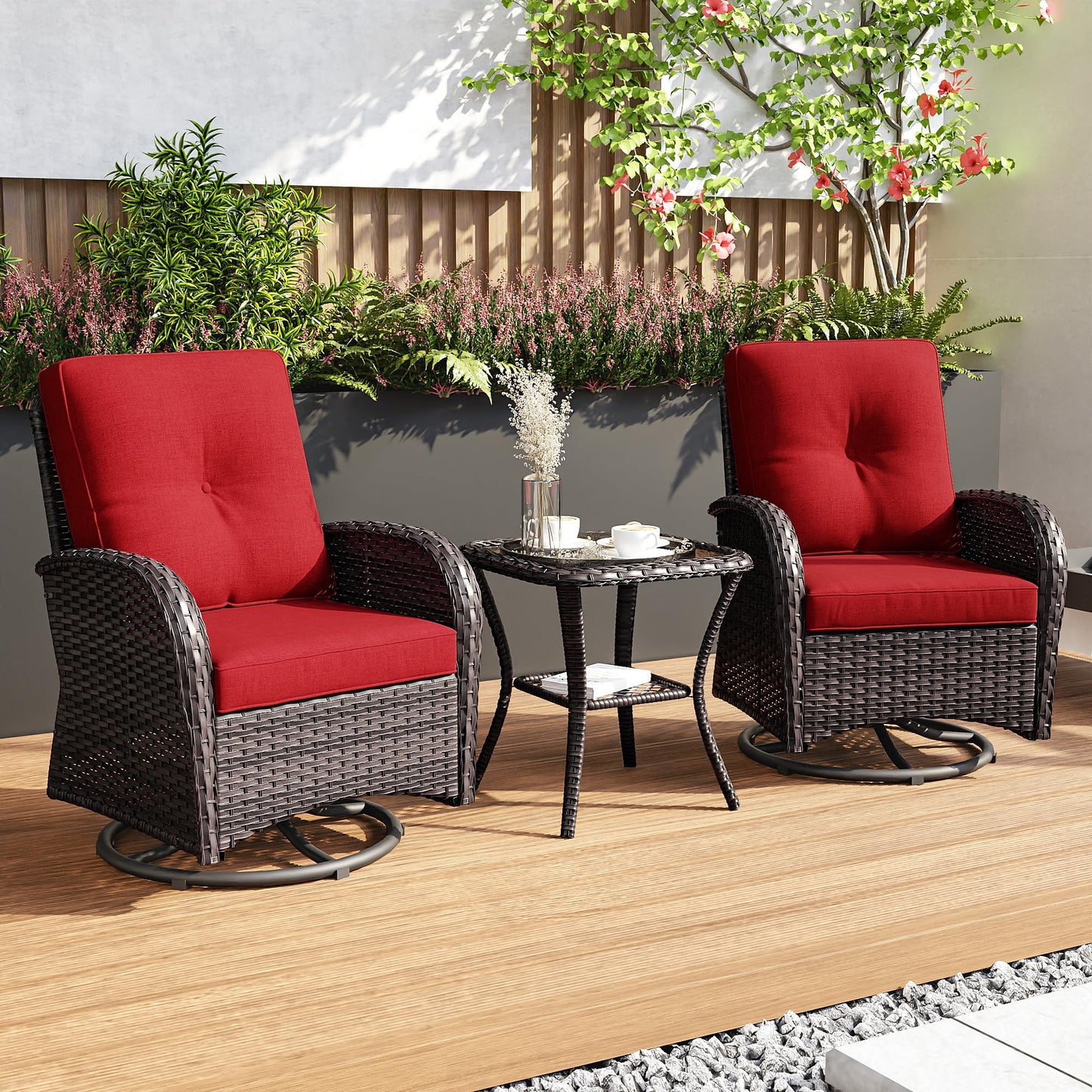 Joyside Patio Swivel Rocker Wicker Chairs - Outdoor Swivel Rocking Chairs Set of 2 with Wicker Side Table, Patio Swivel Rocker Chair 3 Piece Patio Furniture Sets for Porch Deck(Brown/Blue)