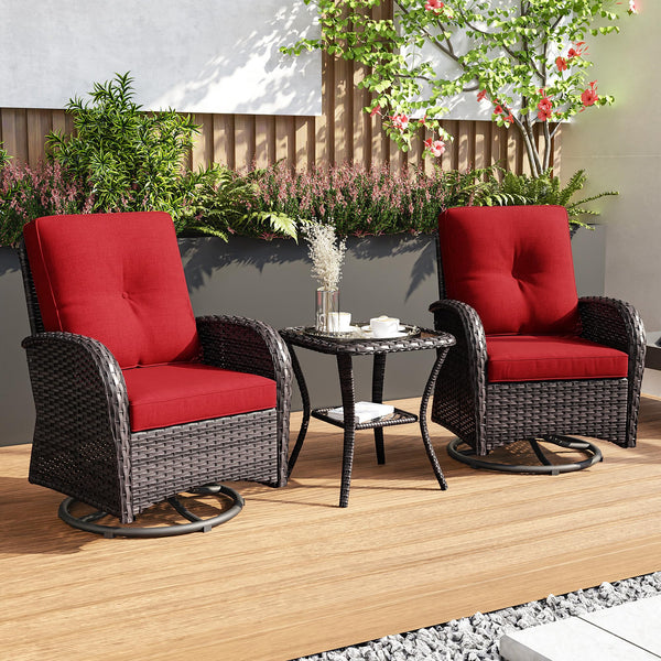 Joyside Patio Swivel Rocker Wicker Chairs - Outdoor Swivel Rocking Chairs Set of 2 with Wicker Side Table, Patio Swivel Rocker Chair 3 Piece Patio Furniture Sets for Porch Deck(Brown/Blue)