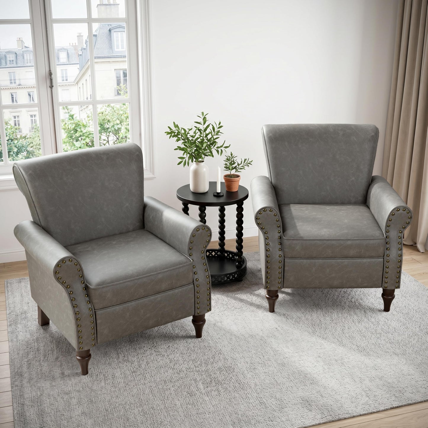 Wingback Accent Chairs Set of 2, Mid-Century Modern Upholstered Armchair Living Room Chair with Nailhead Trim & Rolled Armrest, Comfy Lounge Chair Single Sofa Chair for Bedroom, Light Blue