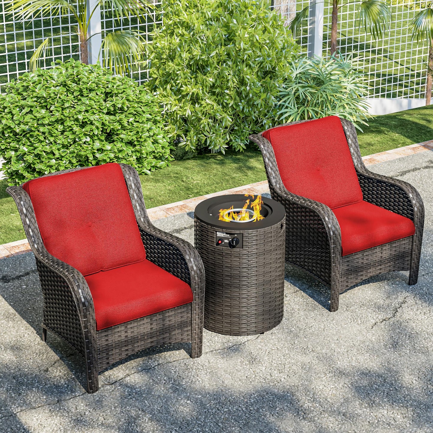 Joyside Patio Furniture Set with Fire Pit Table, 3 Piece Outdoor Wicker Conversation Sets with High Back, Thickened Cushions, Rattan Sectional for Porch, Lawn Use (Red)