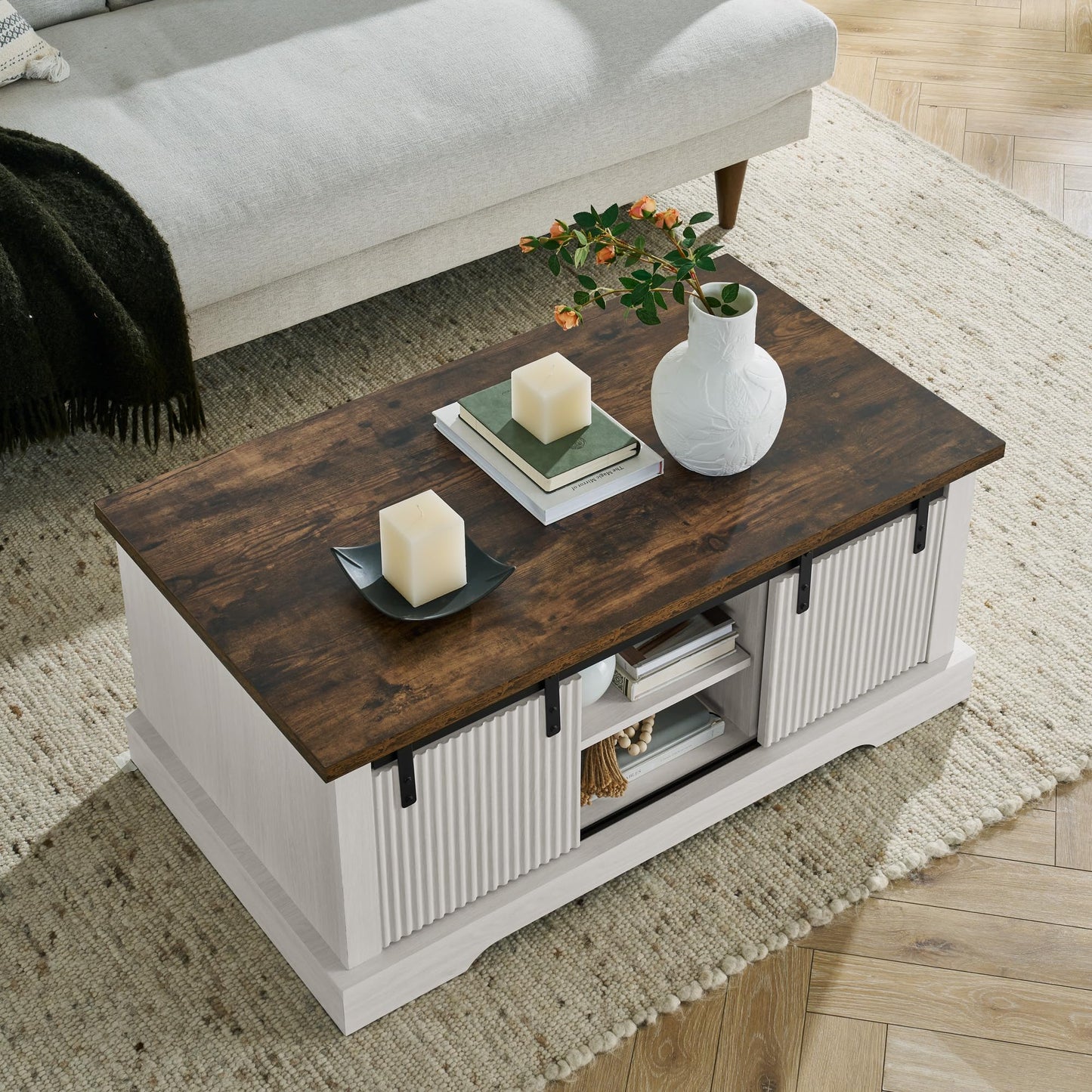 LKTART Farmhouse Coffee Table with Storage and Sliding Barn Door, Rustic Rectangular Center Table for Living Meeting Room,Office (41.3" W x 23.3" D)