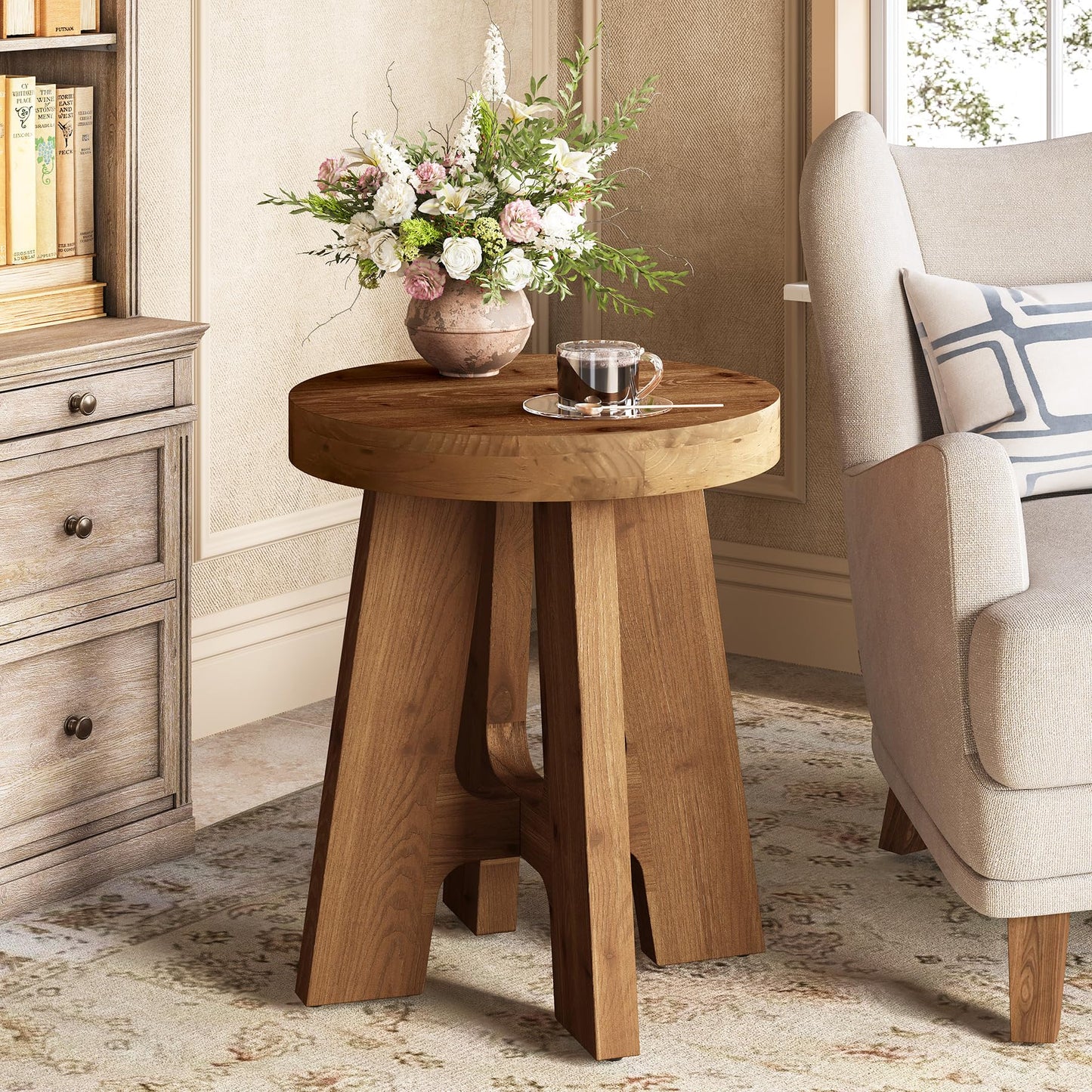Set of 2 Round End Table, Farmhouse Solid Wood Side Table for Couch, Mid Century Modern Side Table with Heavy-Duty Leg, Wood Bedside Table for Bedroom, Small Spaces, Walnut
